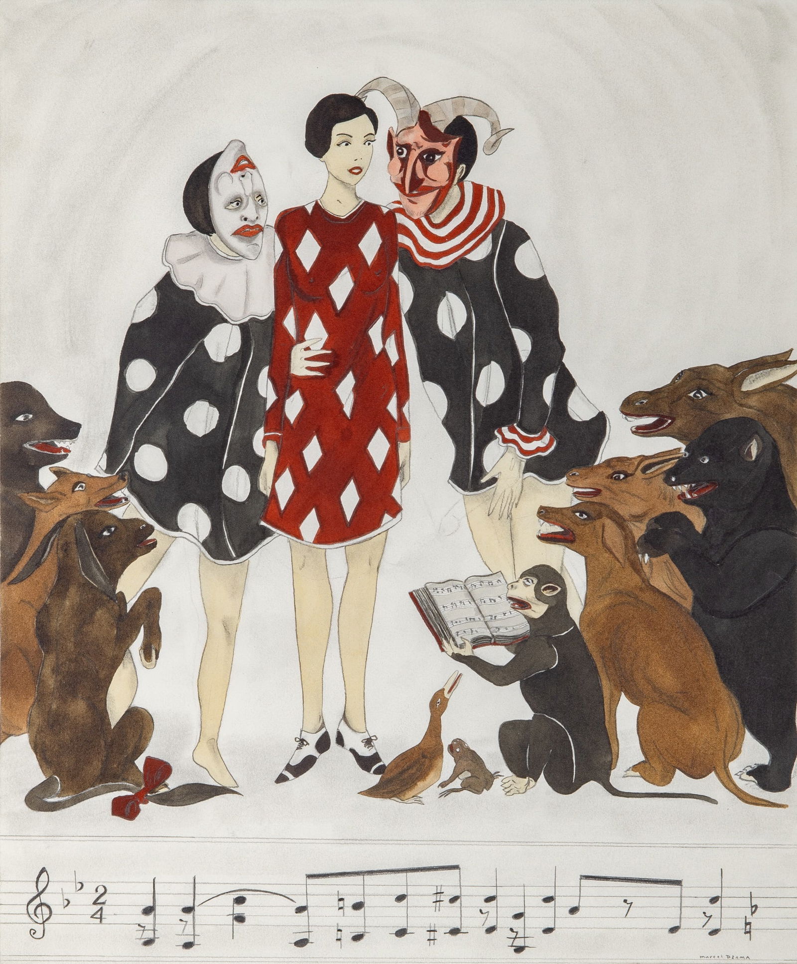 Marcel Dzama: Canadian, b. 1974 The Song that Will Announce Her Return, 2014 Signed Marcel Dzama (lr) and signed, titled and dated on the verso Watercolor, gouache, and graphite, on paper 17 x 14 inches (43.2 x