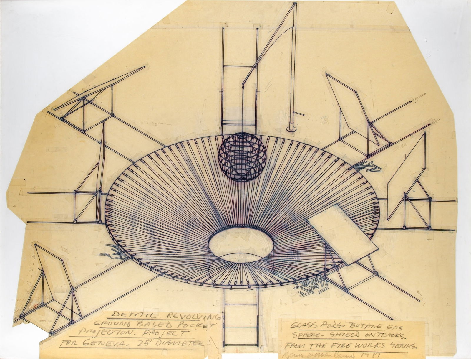 Dennis Oppenheim: American, 1938-2011 Detail Revolving Ground Based Rocket Projection, Project for Geneva, From the Fire Works Series, 1981 Signed and dated Dennis Oppenheim 1981 (lr) Ink and graphite on paper Sight