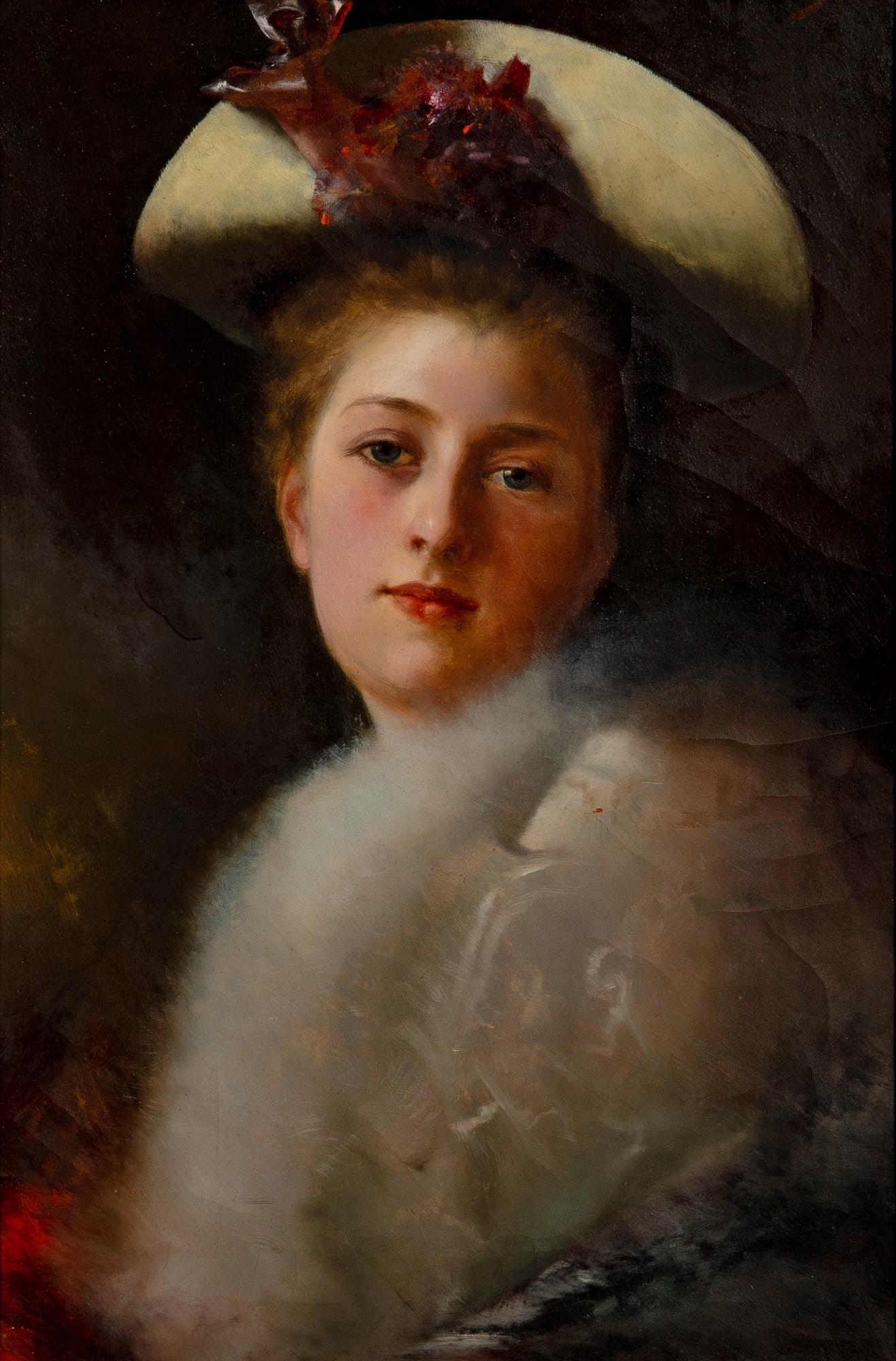 Continental School: 19th Century Portrait of a Young Woman Oil on canvas 17 1/2 x 11 3/4 inches (44.5 x 29.8 cm) (Framed 22 1/4 x 16 3/4 inches) Scattered cracks to pigment. Small paint loss to the figure's left