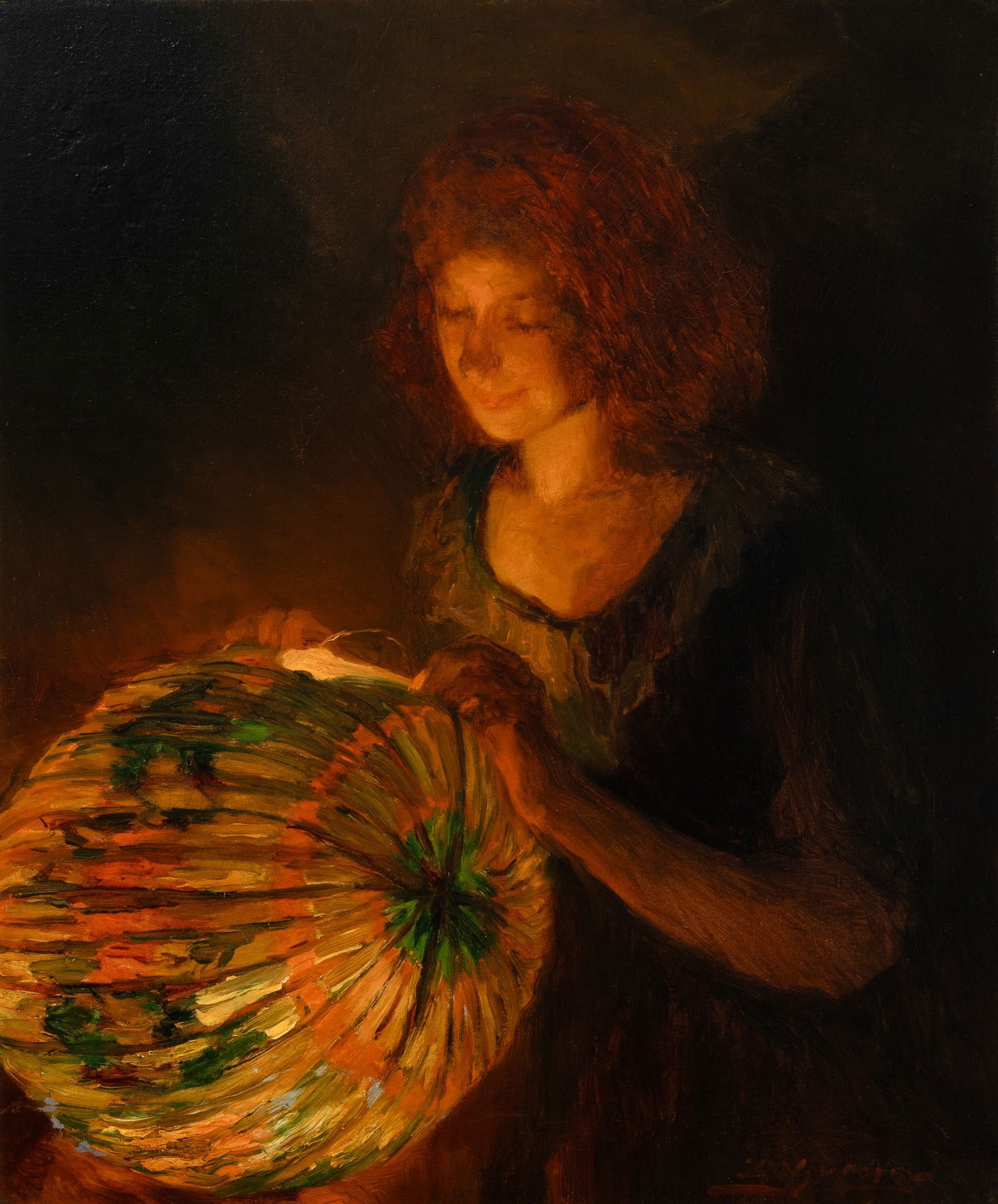 Luis Graner (Lluís Graner y Arrufí): Catalan, 1863-1929 The Paper Lantern Signed L. Graner (lr) Oil on canvas laid to board 30 1/4 x 25 inches (76.8 x 63.5 cm) (Framed 36 x 31 inches) There is stabilized craquelure throughout, along