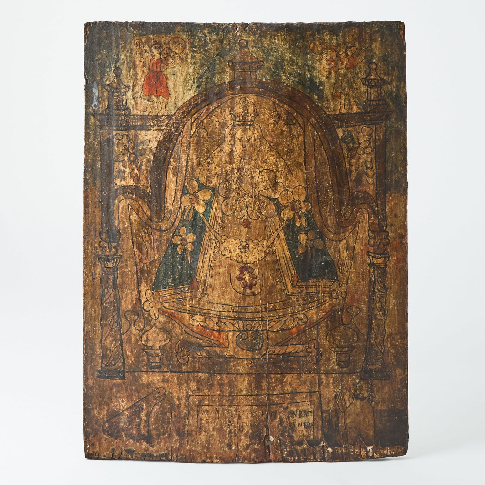 European Provincial School: Probably 19th century The Infant Jesus of Prague Inscribed indistinctly in Latin in the lower register Mixed media on panel 17 1/2 x 13 inches (44.5 x 33 cm) Unframed Panel warped and cracked.