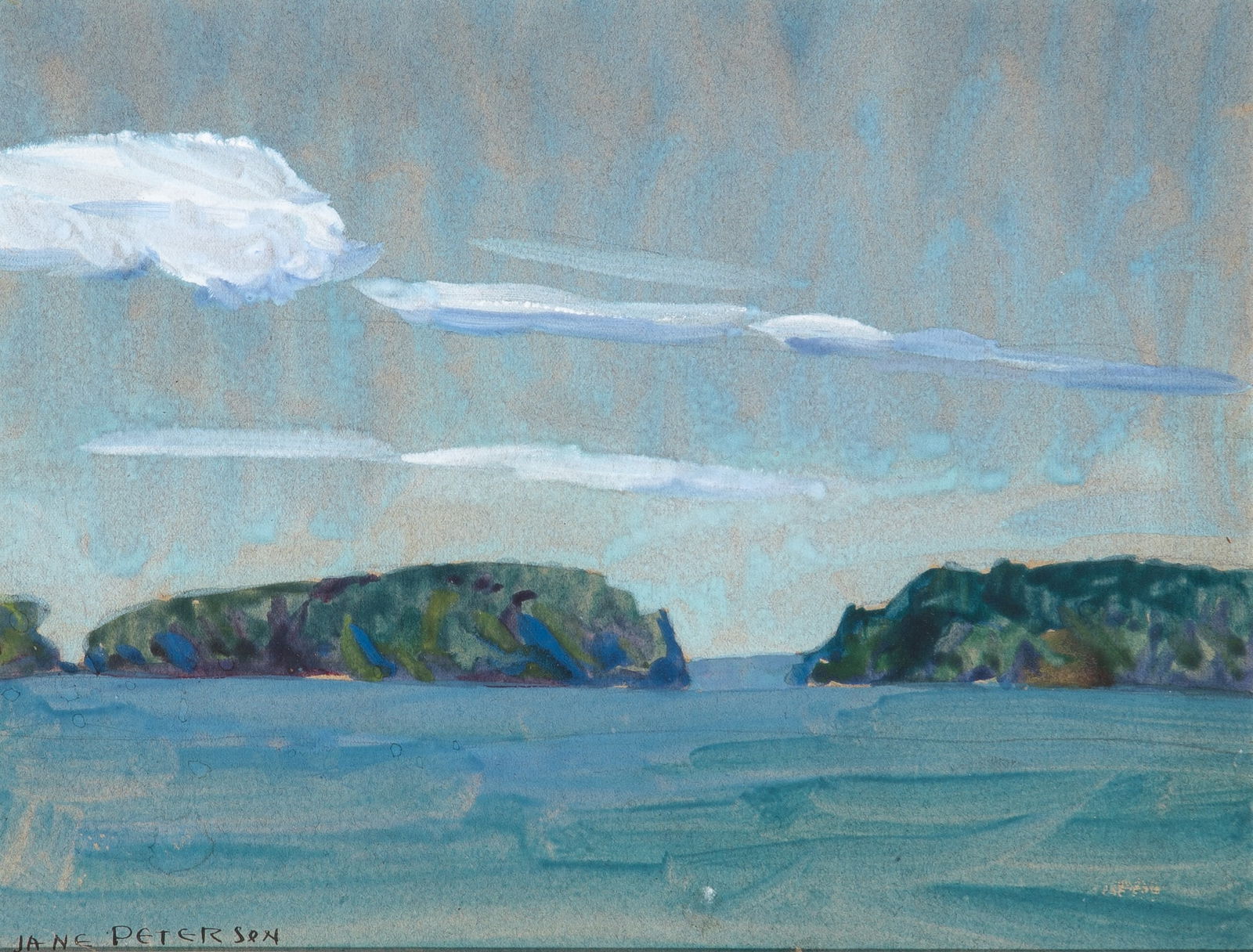Jane Peterson: American, 1876-1965 Coastal Seascape Signed JANE PETERSON (ll) Watercolor and gouache on paper Sight 8 1/2 x 11 1/4 inches (21.6 x 28.6 cm) (Framed 15 1/4 x 18 inches)