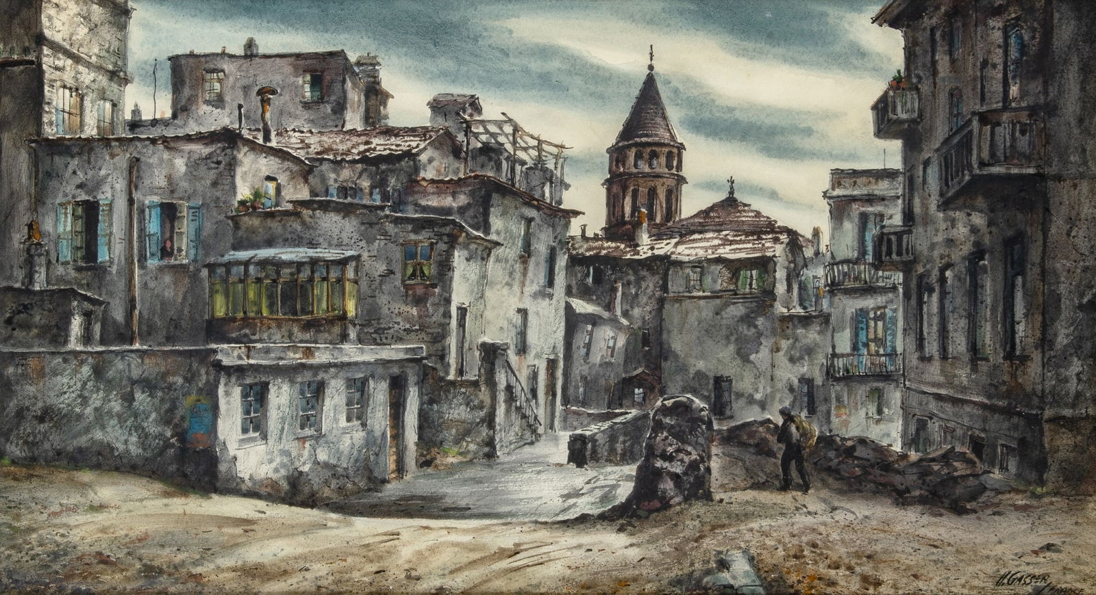 Henry Martin Gasser: American, 1909-1981 Outskirts of Paris Signed H. GASSER and inscribed FRANCE (lr); inscribed as titled on the backing board Watercolor on paper Sight 13 1/2 x 24 1/4 inches (34.3 x 61.6 cm) (Framed