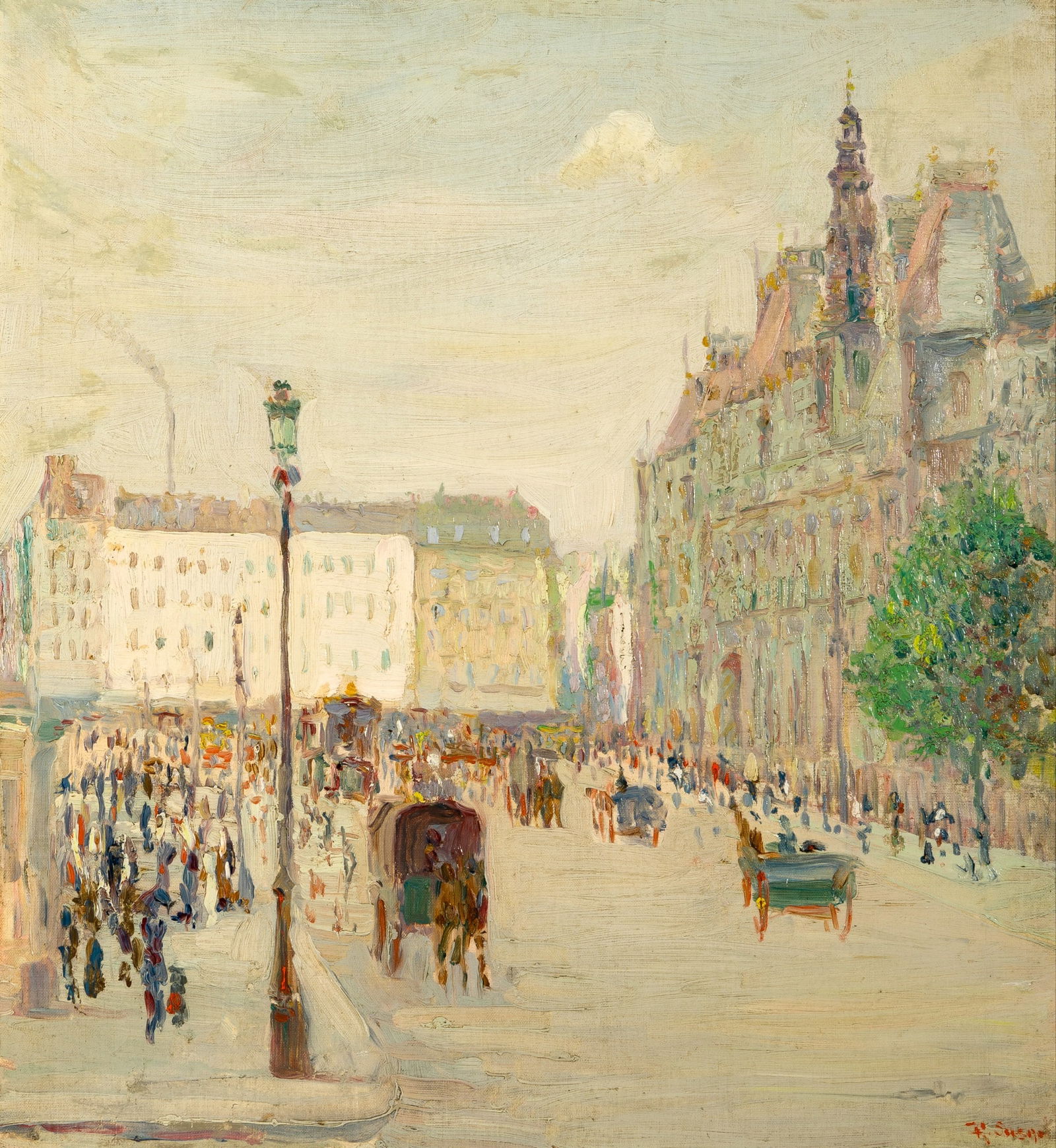 Robert Susan: American, 1887-1957 Parisan Street Scene Signed R Susan (lr) Oil on canvas 24 x 22 inches (61 x 55.9 cm) Provenance: Sale, Phillips, Son, & Neale, April 6, 1978, lot 151 (Frame 28 x 25 inches)