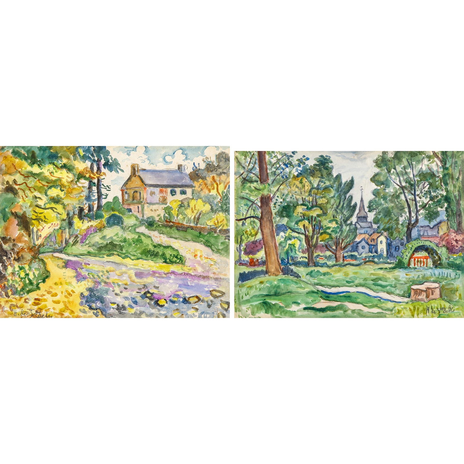 Henri Liénard de Saint-Delis: French, 1878-1949 Country Road and View of a Church: Two Works Each signed H. de StDelis (ll and lr, respectively) Watercolor over pencil on paper Sight of each 9 1/4 x 12 1/4 inches (23.5 x 31.1