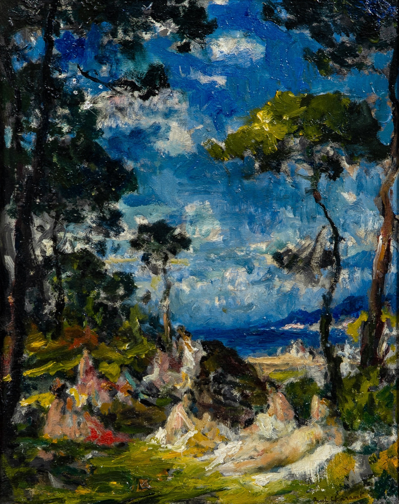 Paul Chavarel: French, 1877-1961 Bathers by the Seaside, circa 1917 Signed Paul Chavarel (lr) Oil on board 13 7/8 x 10 5/8 inches (35.5 x 27 cm) (Frame 21 x 18 1/2 x 2 1/2 inches) Minor areas of paint loss;