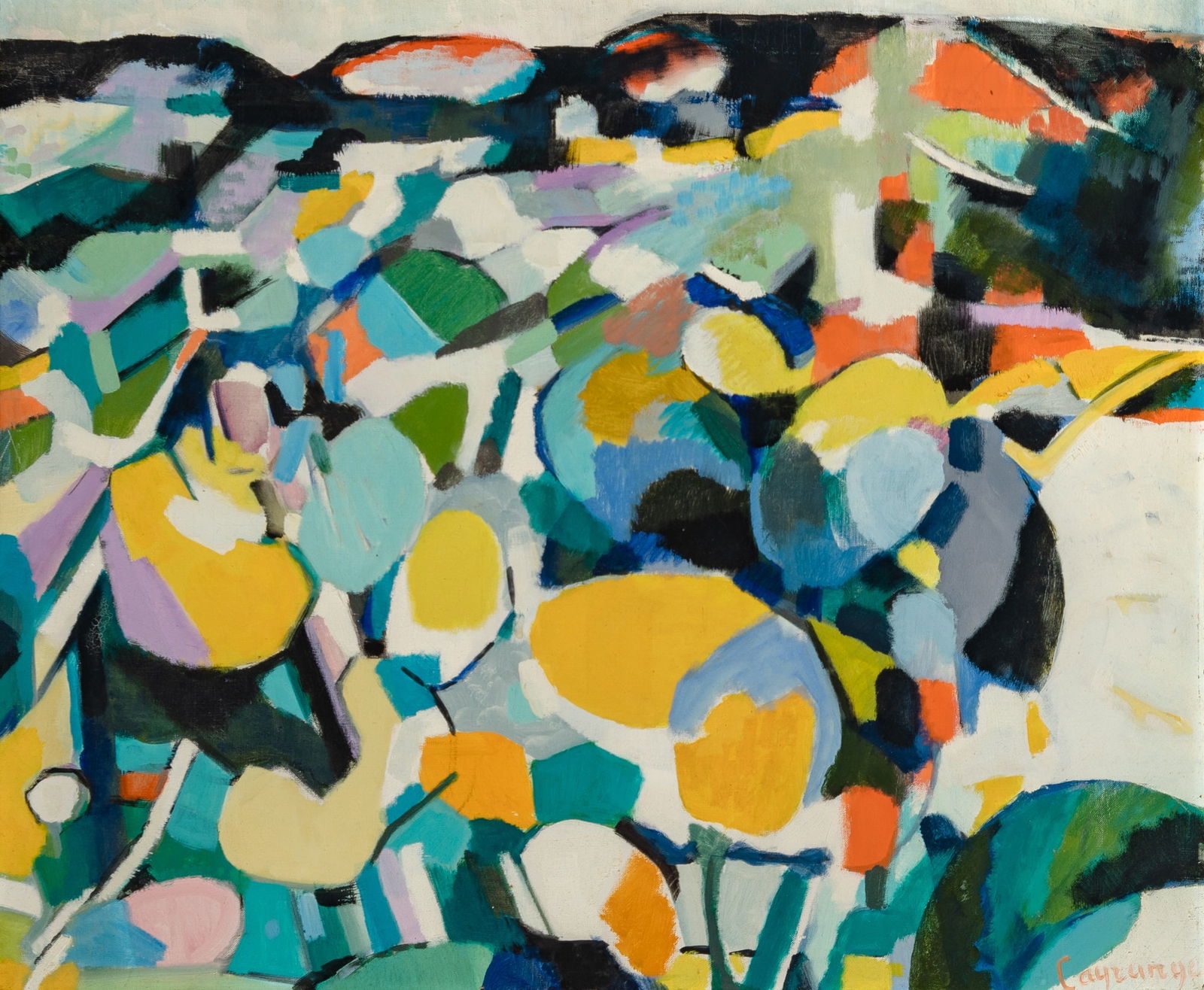 Jacques Lagrange: French, 1917-1995 Avril, 1957 Signed Lagrange (lr); further signed Lagrange, dated 57, and inscribed as titled on the reverse Oil on canvas 21 1/4 x 25 1/2 inches (54 x 64.8 cm) (Framed 26 1/4 x 30