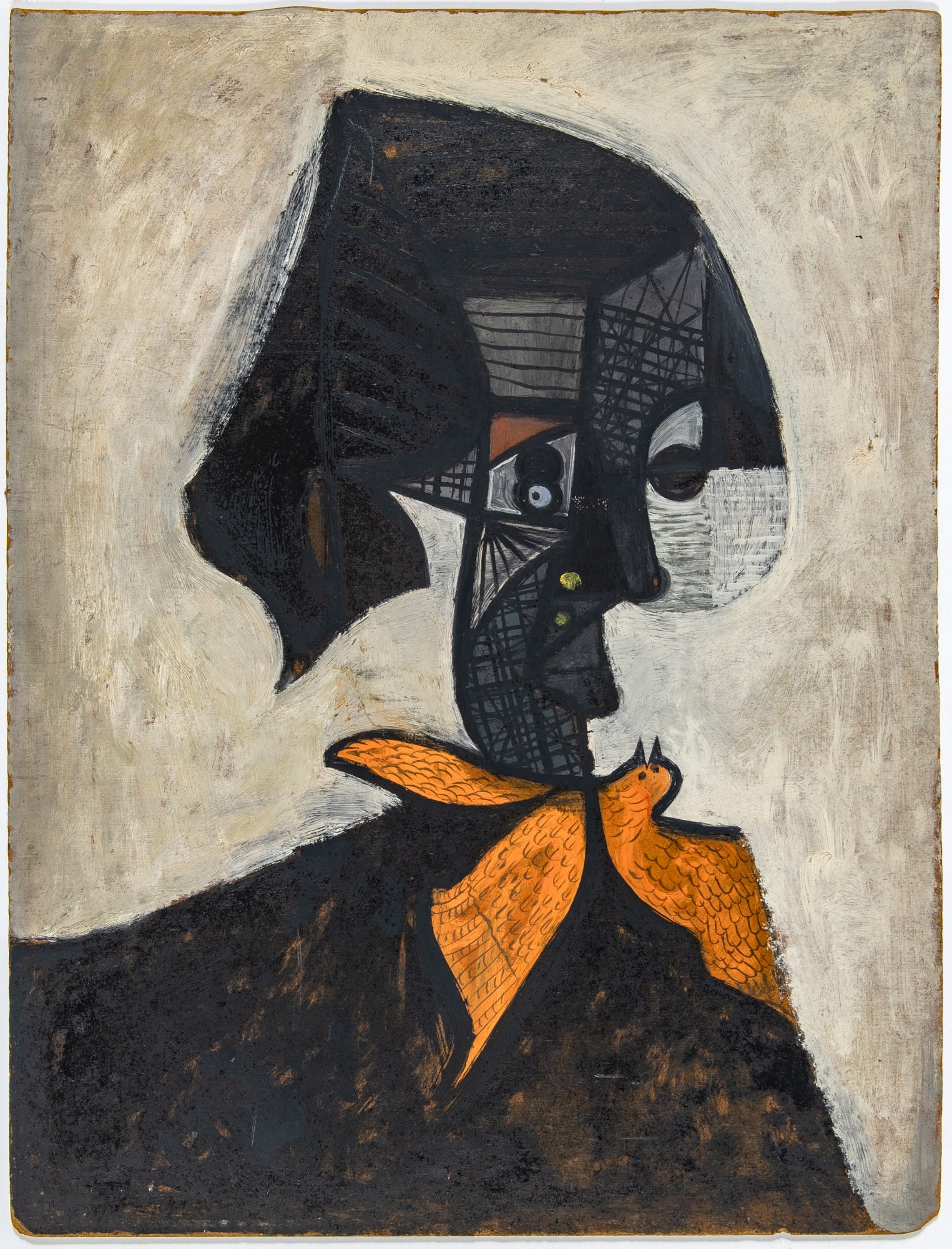 Bernard Glasgow: American, 1914-1986 Portrait of a Woman and an Orange Bird Signed Glasgow (ll) Oil on Masonite 15 3/4 x 12 inches (40 x 30.5 cm) Unframed