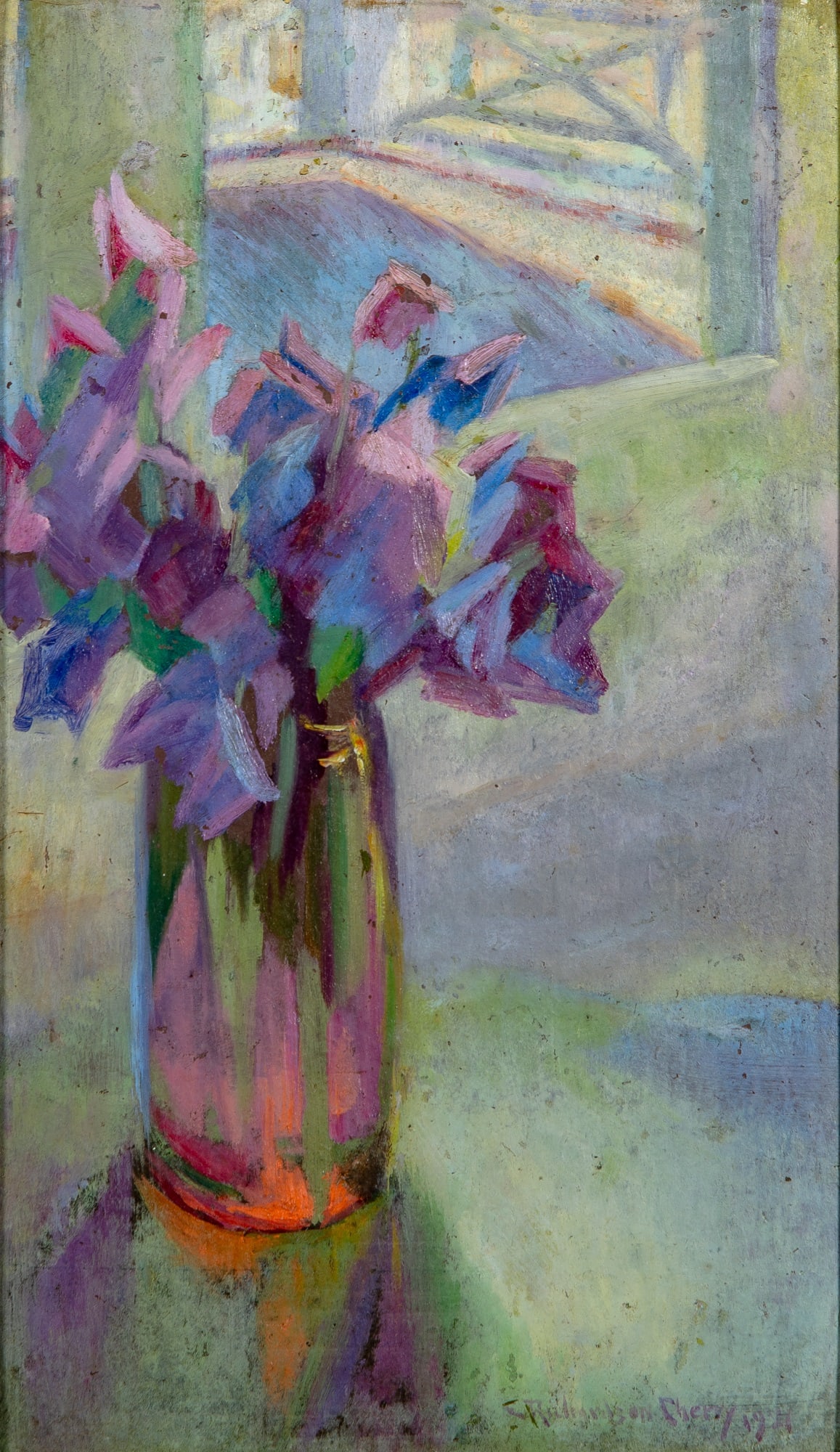 Emma Louise Richardson Cherry: American, 1859-1954 Sweet Peas Signed and dated E. Richardson Cherry 19... (lr) Oil on board 13 7/8 x 8 1/2 inches (35.2 x 21.6 cm) (Frame 14 1/2 x 9 1/2 inches) Scattered paint loss throughout;