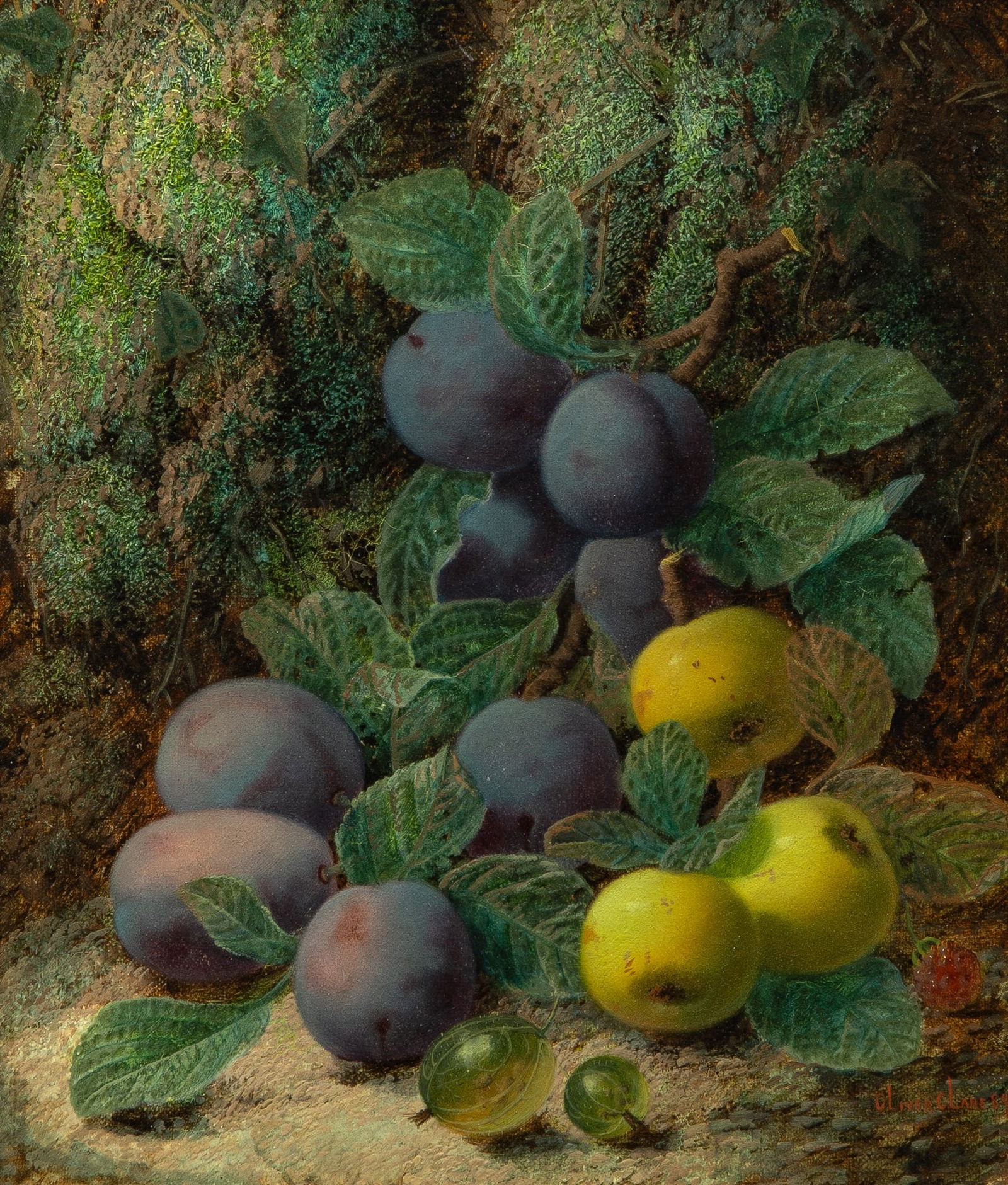 Oliver Clare: British, 1853-1927 Still Life with Plums, Gooseberries, and a Raspberry, 1884 Signed and dated Oliver Clare 84 (lr) Oil on canvas 12 x 10 inches (30.5 x 25.4 cm) (Framed 17 1/2 x 15 inches)
