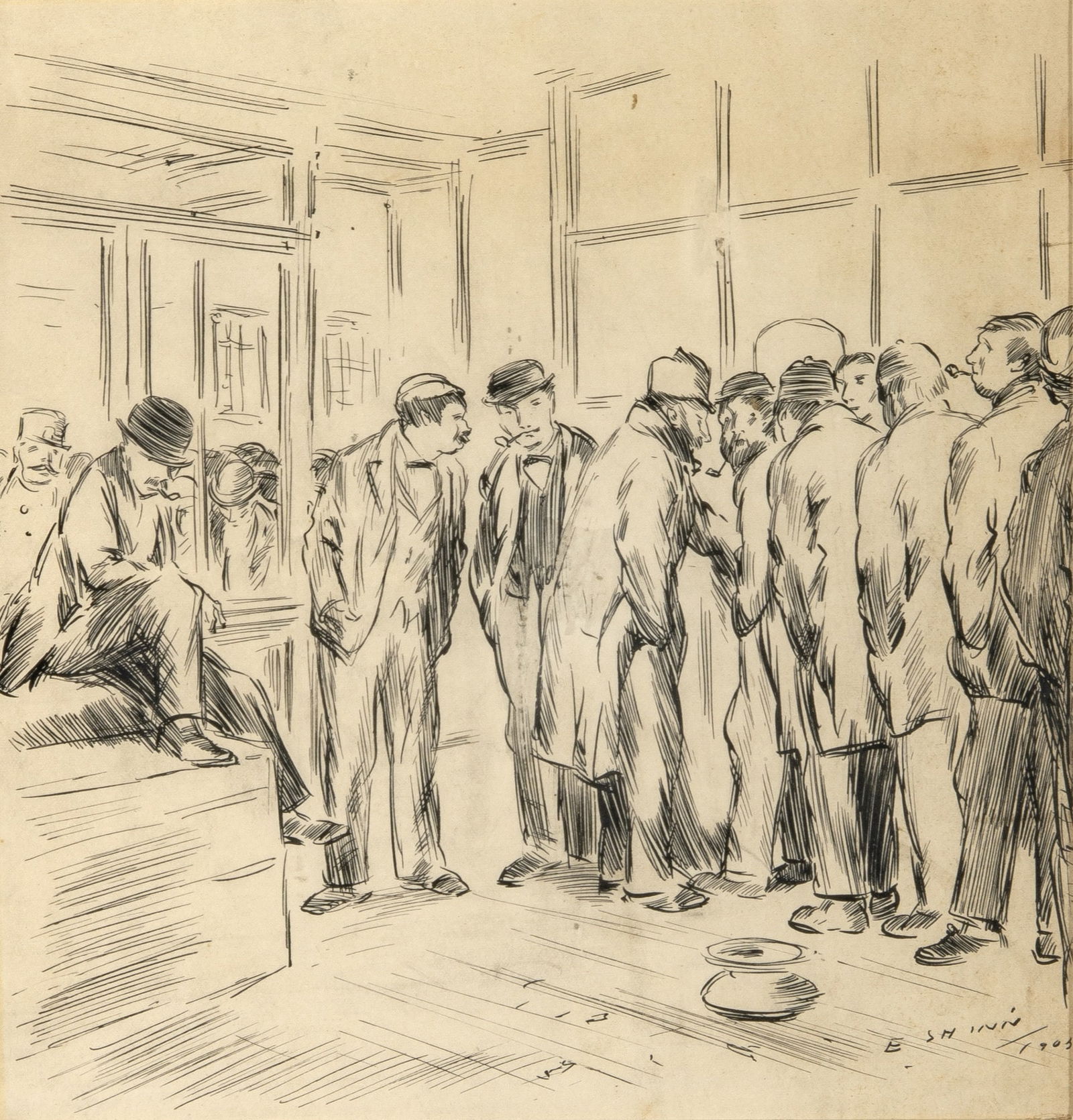 Everett Shinn: American, 1876-1953 Waiting, circa 1905 Signed E SHINN and dated illegibly, possibly 1905 (lr) Ink on paper Sight 8 3/4 x 8 3/8 inches (22.2 x 21.3 cm) Provenance: The Marbella Gallery, New York