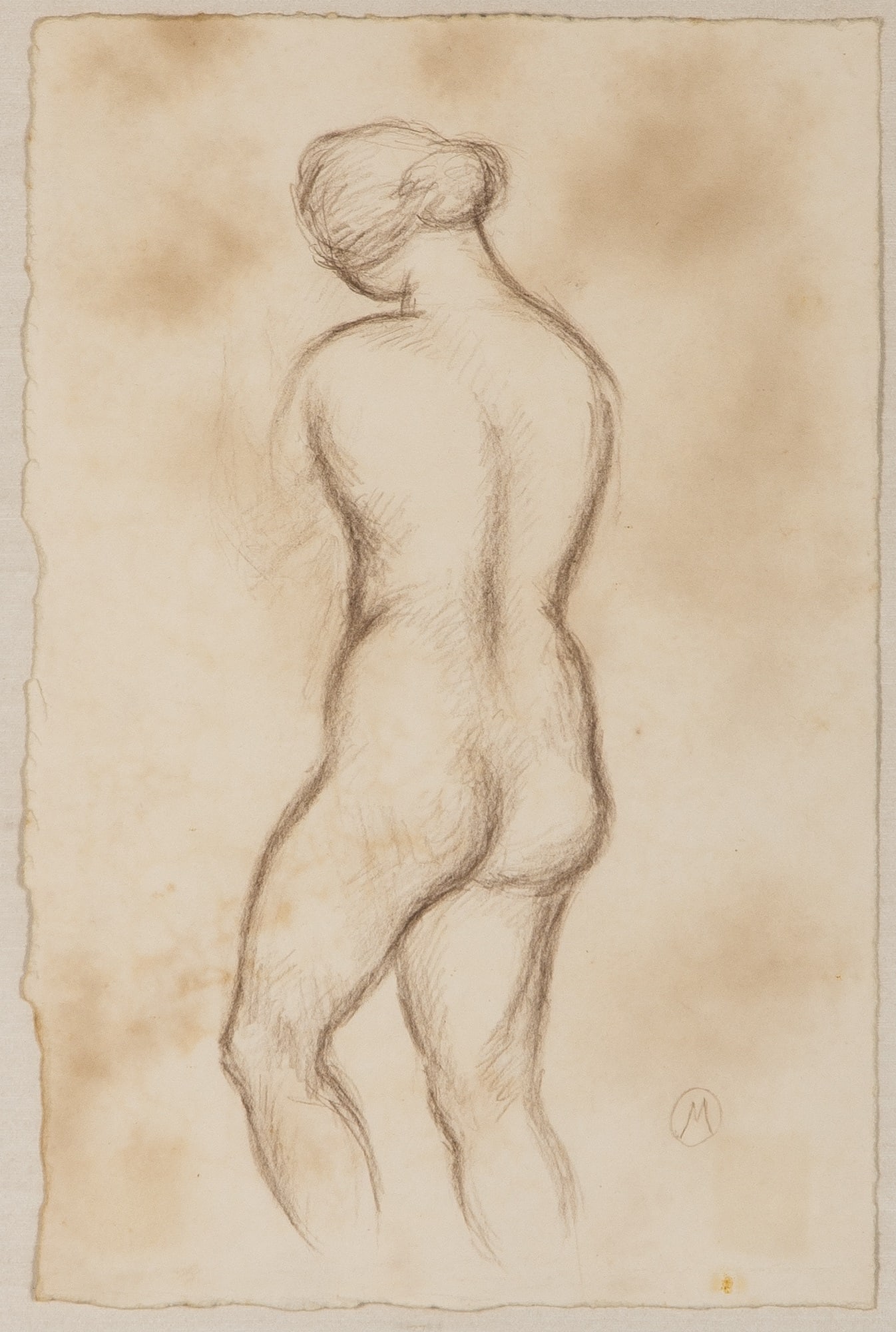 Manner of Aristide Maillol: Standing Nude from the Back Bears monogram M (lr) Chalk on paper 10 x 6 1/2 inches (25.4 x 16.5 cm) Provenance: Robert and Marilyn Wiley, Detroit, Michigan Sale, American Art Galleries Auctioneers