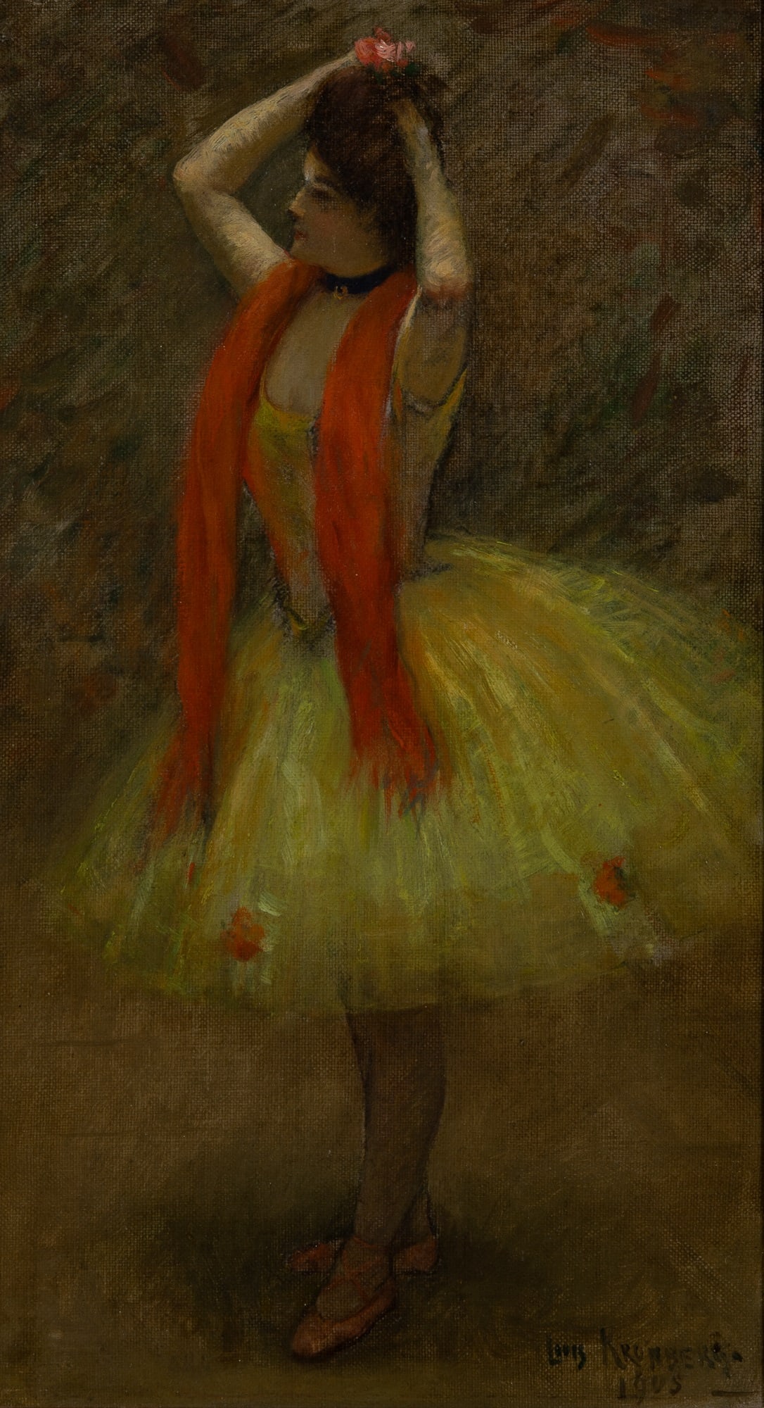 Louis Kronberg: American, 1872-1965 Dancer in a Yellow Costume with a Red Scarf, 1905 Signed Louis Kronberg and dated 1905 (lr) Oil on canvas 18 x 10 inches (45.7 x 25.4 cm) (Framed 24 x 16 inches) The canvas