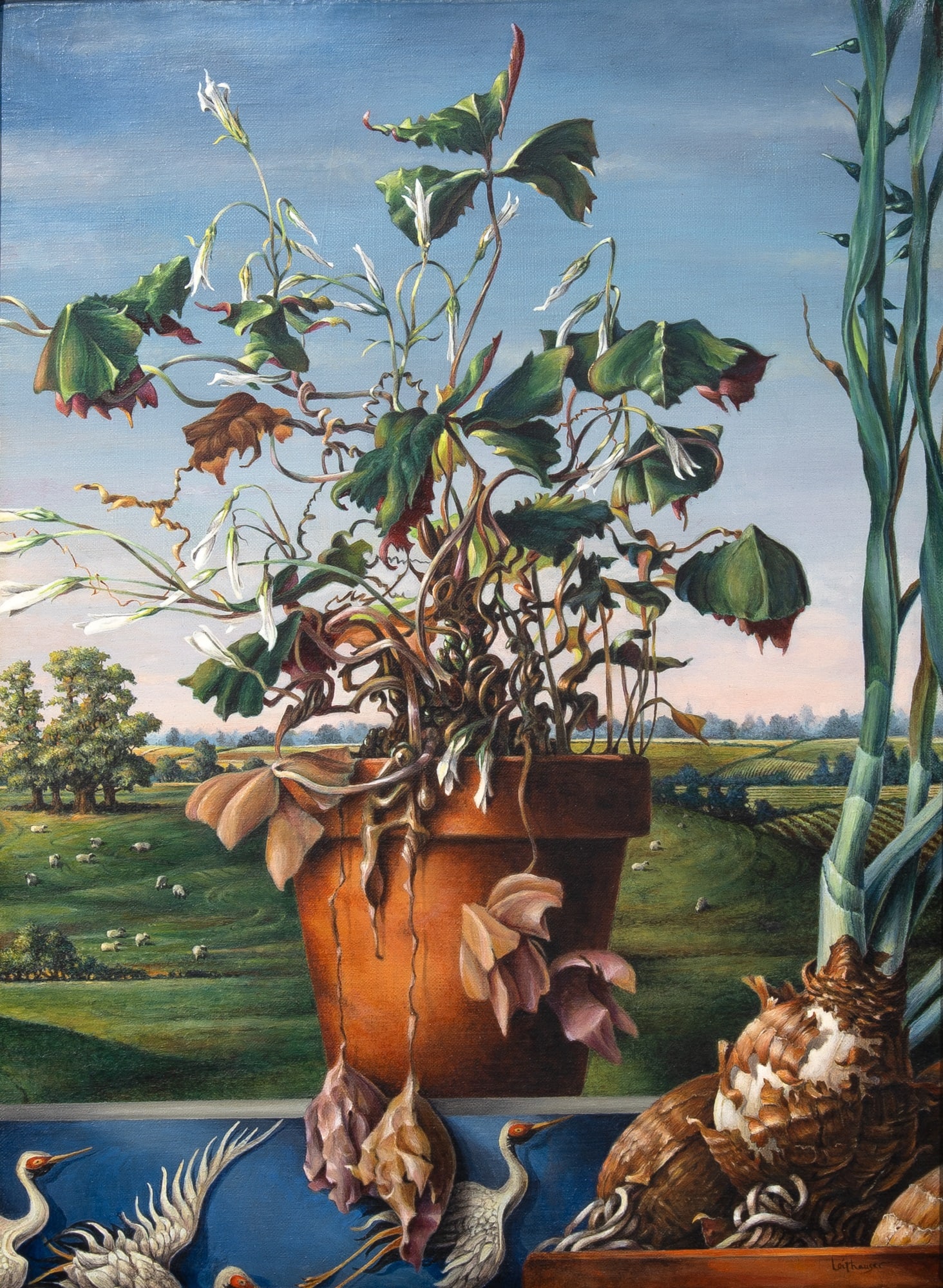 Mark Leithauser: American, b. 1949 Menagerie, 1985 Signed Leithauser (lr) Oil on canvas 12 x 9 inches (30.5 x 22.9 cm) Provenance: Coe Kerr Gallery, New York (Frame 20 3/4 x 17 1/2 inches)