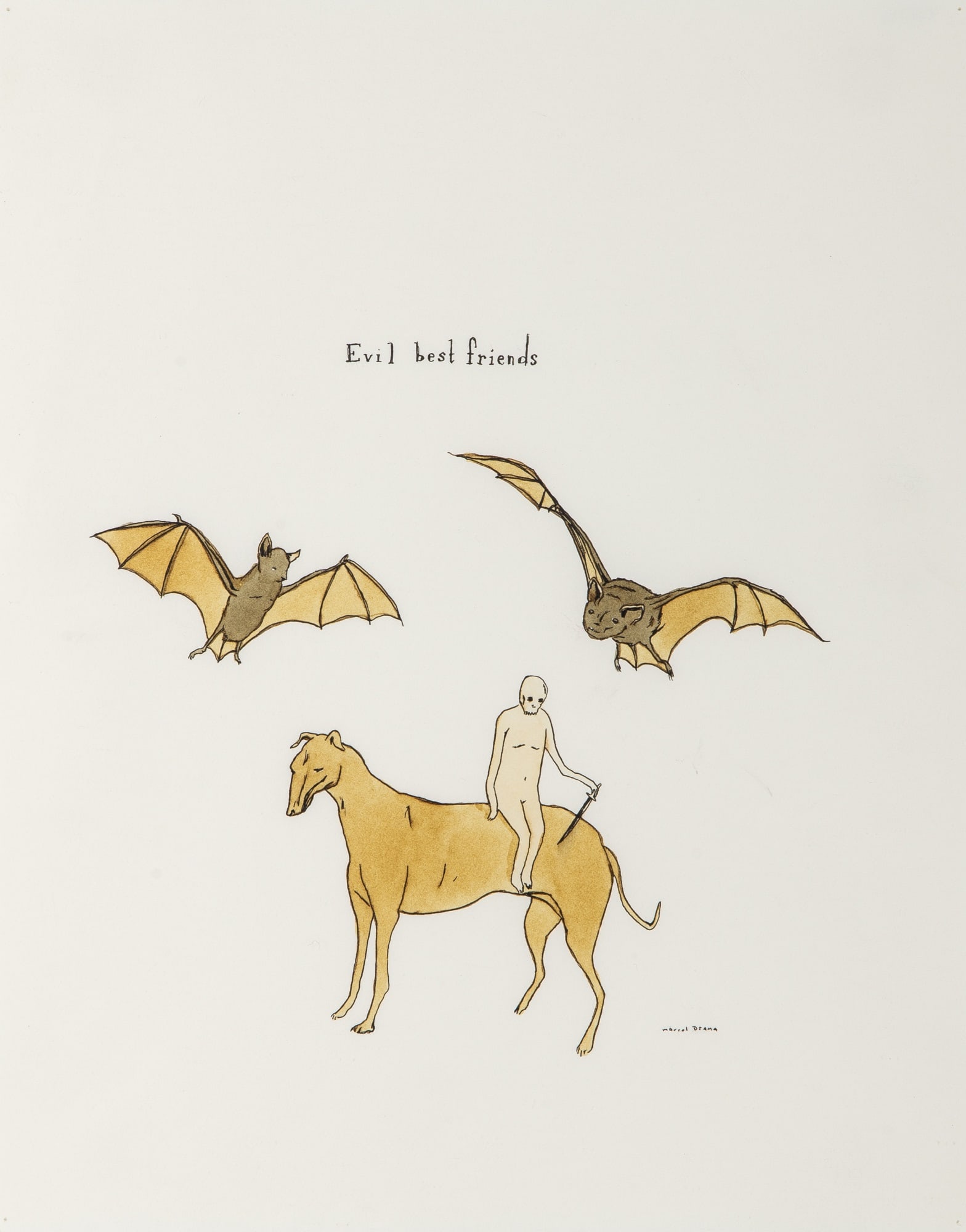 Marcel Dzama: Canadian, b. 1974 Untitled, 1999 Signed Marcel Dzama (lr) Ink and watercolor on paper 14 x 11 inches (35.6 x 27.9 cm) Provenance: David Zwirner, New York (Framed 18 1/4 x 15 1/4 inches)