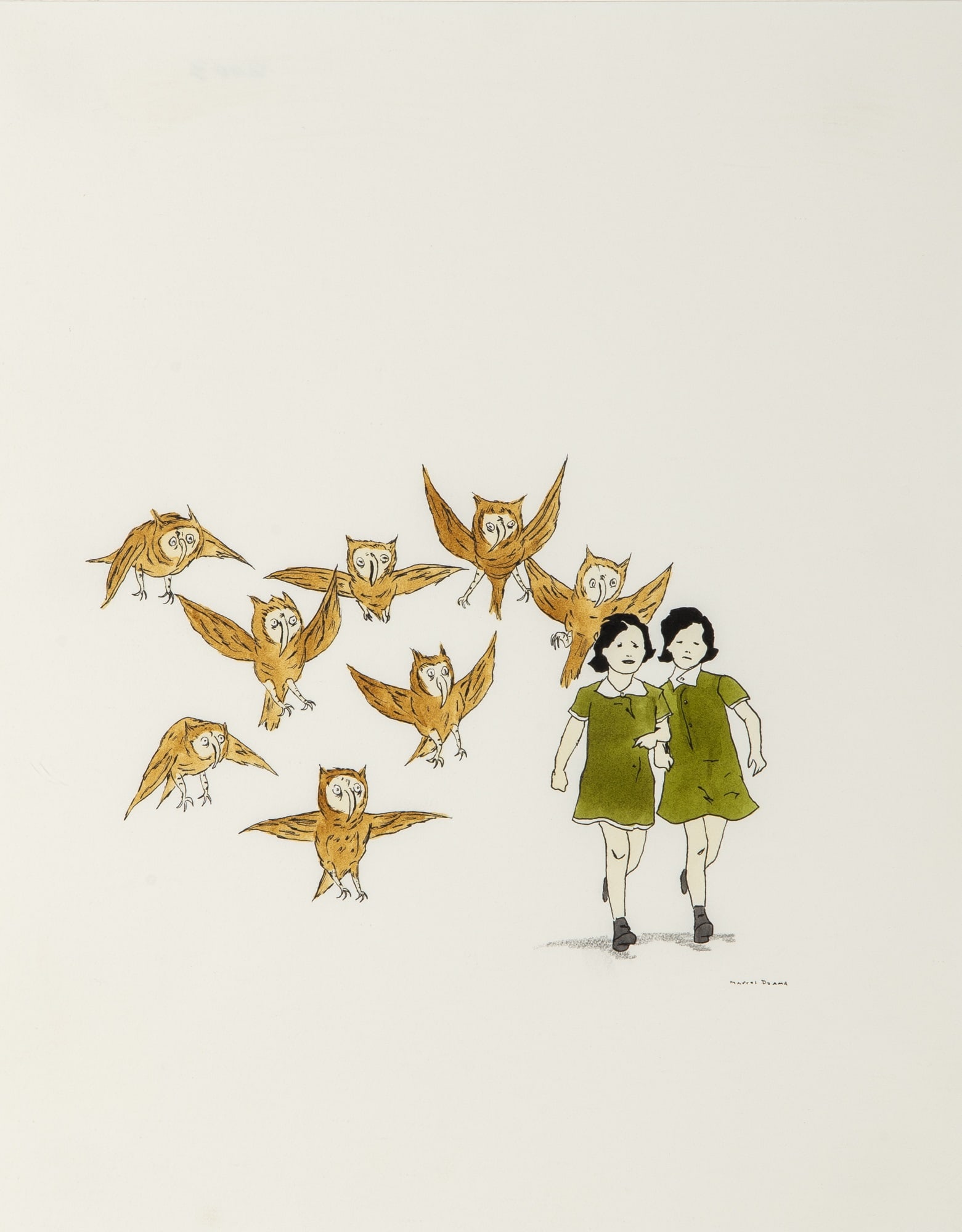 Marcel Dzama: Canadian, b. 1974 Untitled, 2003 Signed Marcel Dzama (lr) Ink and watercolor on paper 14 x 11 inches (35.6 x 27.9 cm) Provenance: David Zwirner, New York (Framed 18 1/4 x 15 1/4 inches)