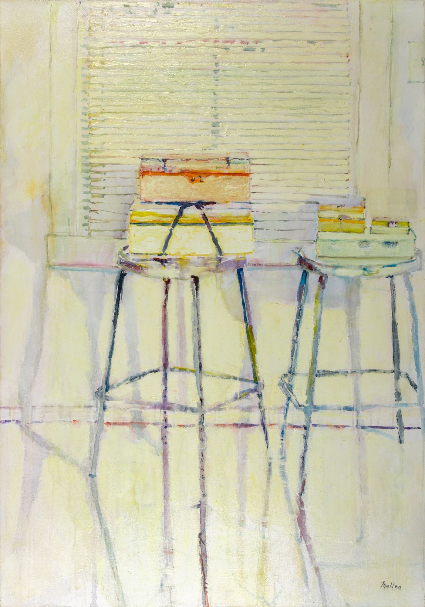 Philip Mullen: American, b. 1942 Five Boxes on Two Stools, 2002 Signed Mullen (lr); signed and dated Mullen 1/2002 on the reverse; inscribed as titled and C5644 on the canvas overlap Acrylic on canvas 60 x 42