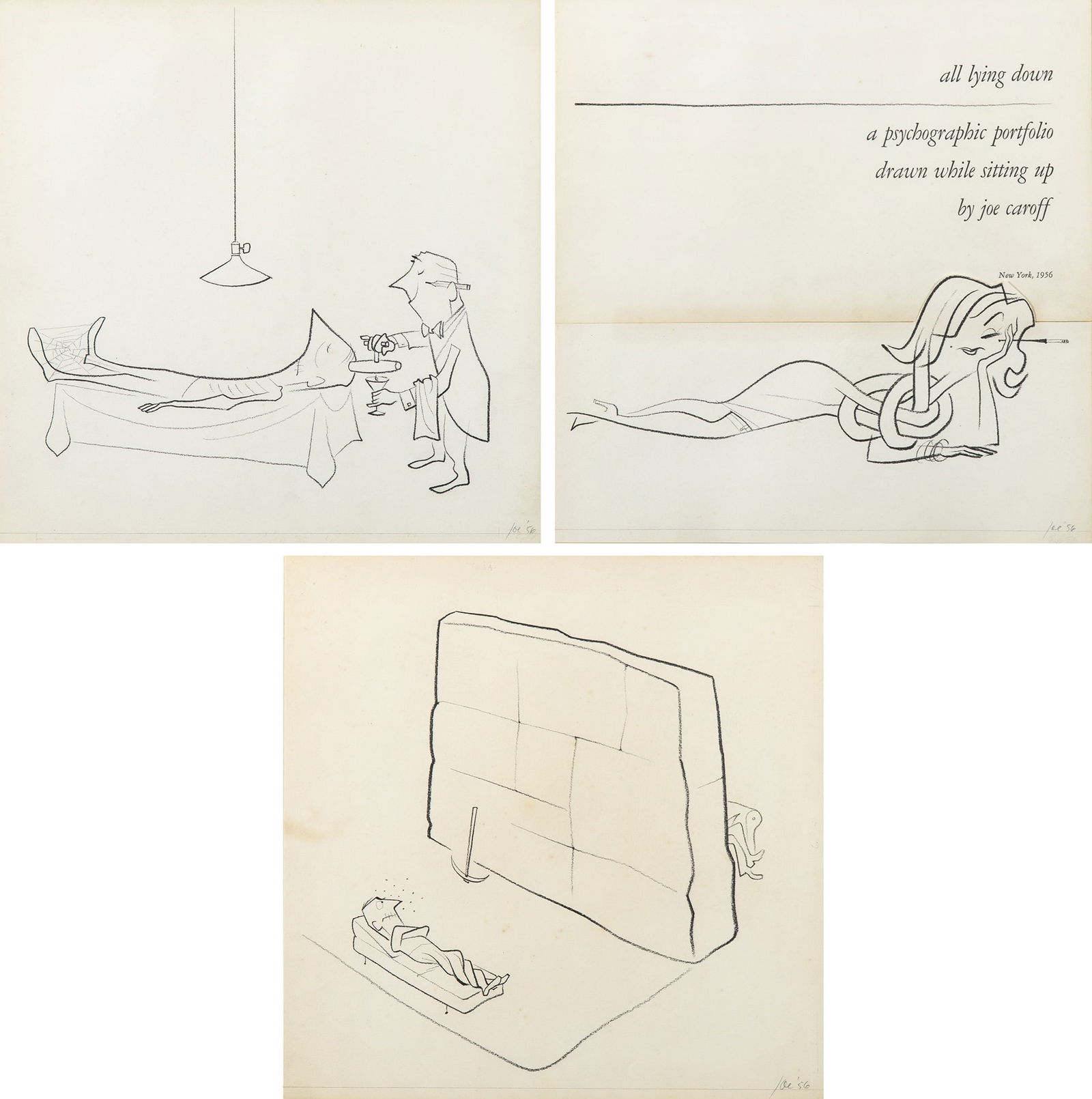 Joe Caroff: American, 1921-2025 Group of Three Works from all lying down: a psychographic portfolio drawn while sitting up, 1956 Each signed Joe and dated '56 (lr) Mixed media including charcoal and collage on