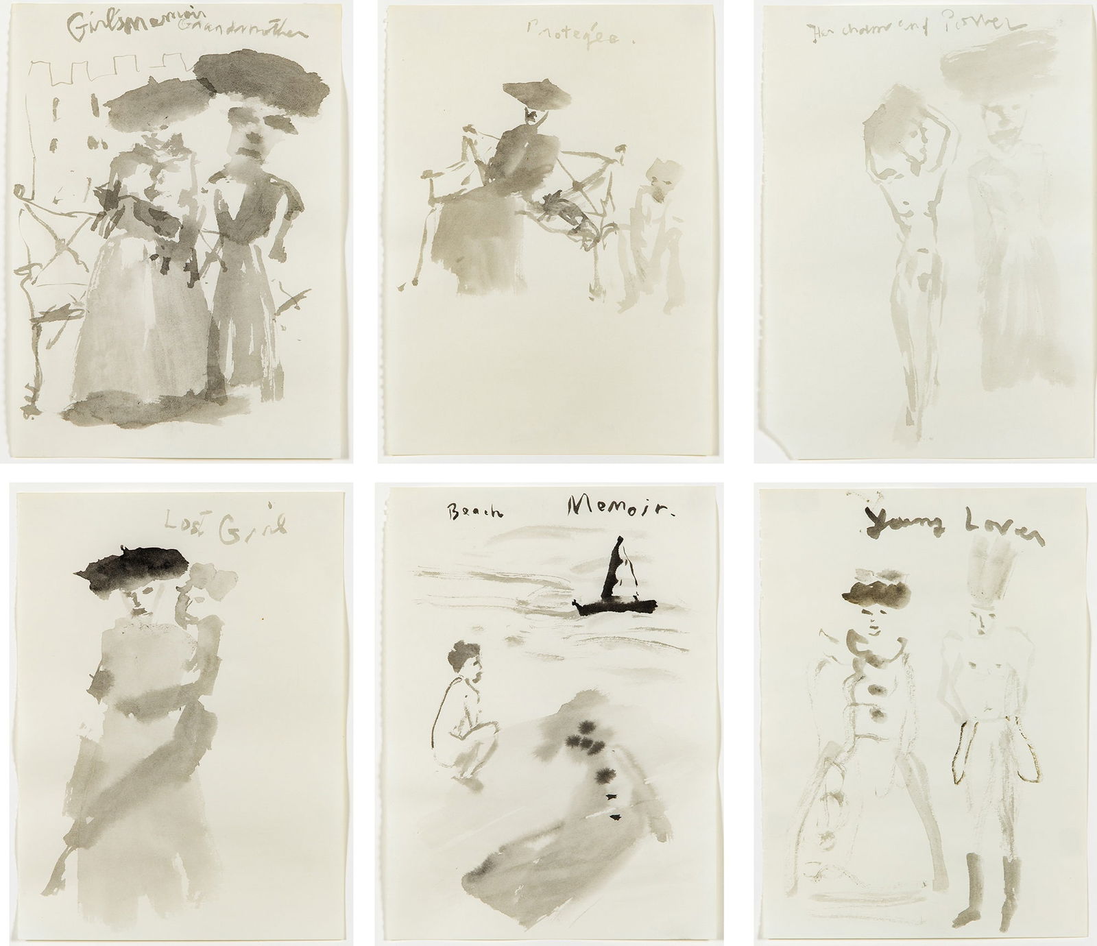 Nicholas Africano: American, b. 1948 Beach Memoir; Protégée; Young Lovers; Lost Girl; Girl's Memoir Grandmother; Her Charm and Power: Six Works, 1984-85 Each inscribed as titled on the upper edge Ink wash on