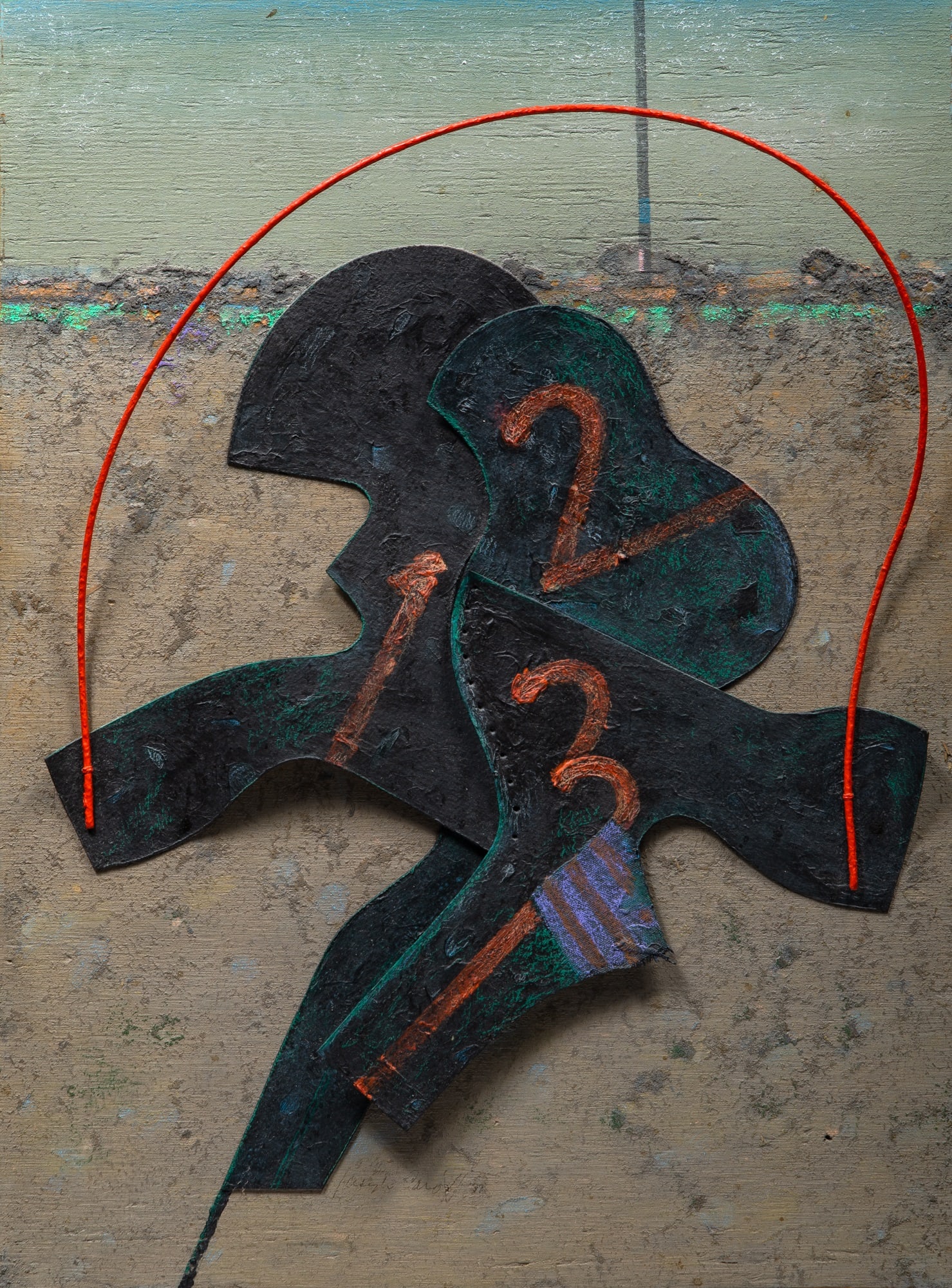 Joe Caroff: American, 1921-2025 Jumper, 1992 Signed and dated Joseph Caroff '92 (ll); further signed JOSEPH CAROFF, dated June '92, and inscribed as titled on the reverse Mixed media including leather, steel