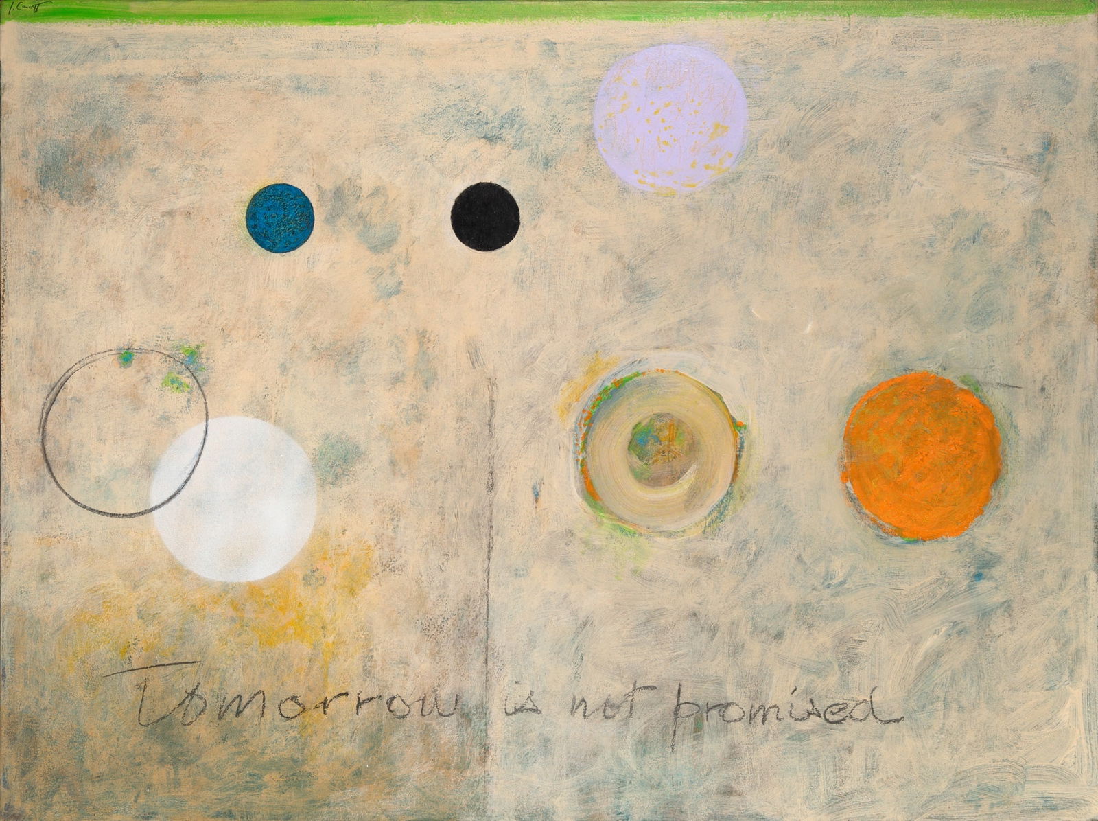 Joe Caroff: American, 1921-2025 Tomorrow is not Promised Signed J. Caroff (ul); further signed Joseph Caroff, dated 2000, and inscribed THE BLUE TOV on the reverse Acrylic, charcoal, and Prismacolor on canvas 