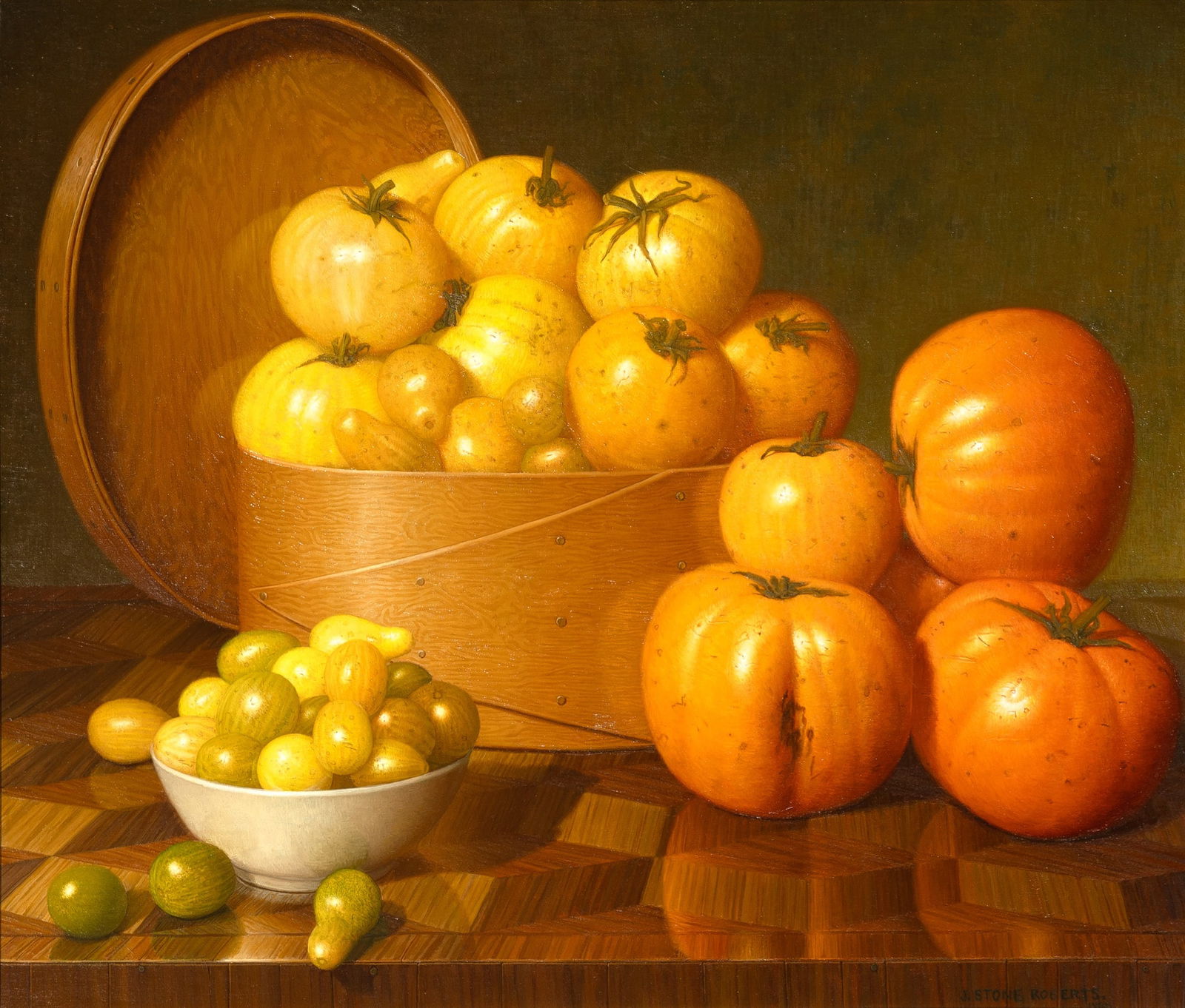 J. Stone Roberts: American, b. 1951 Yellow Tomatoes, 1988 Signed J. STONE ROBERTS and dated 1988 (lr) Oil on canvas 18 x 21 inches (45.7 x 53.3 cm)Provenance: Robert Schoelkopf Gallery, New YorkExhibited: New York,