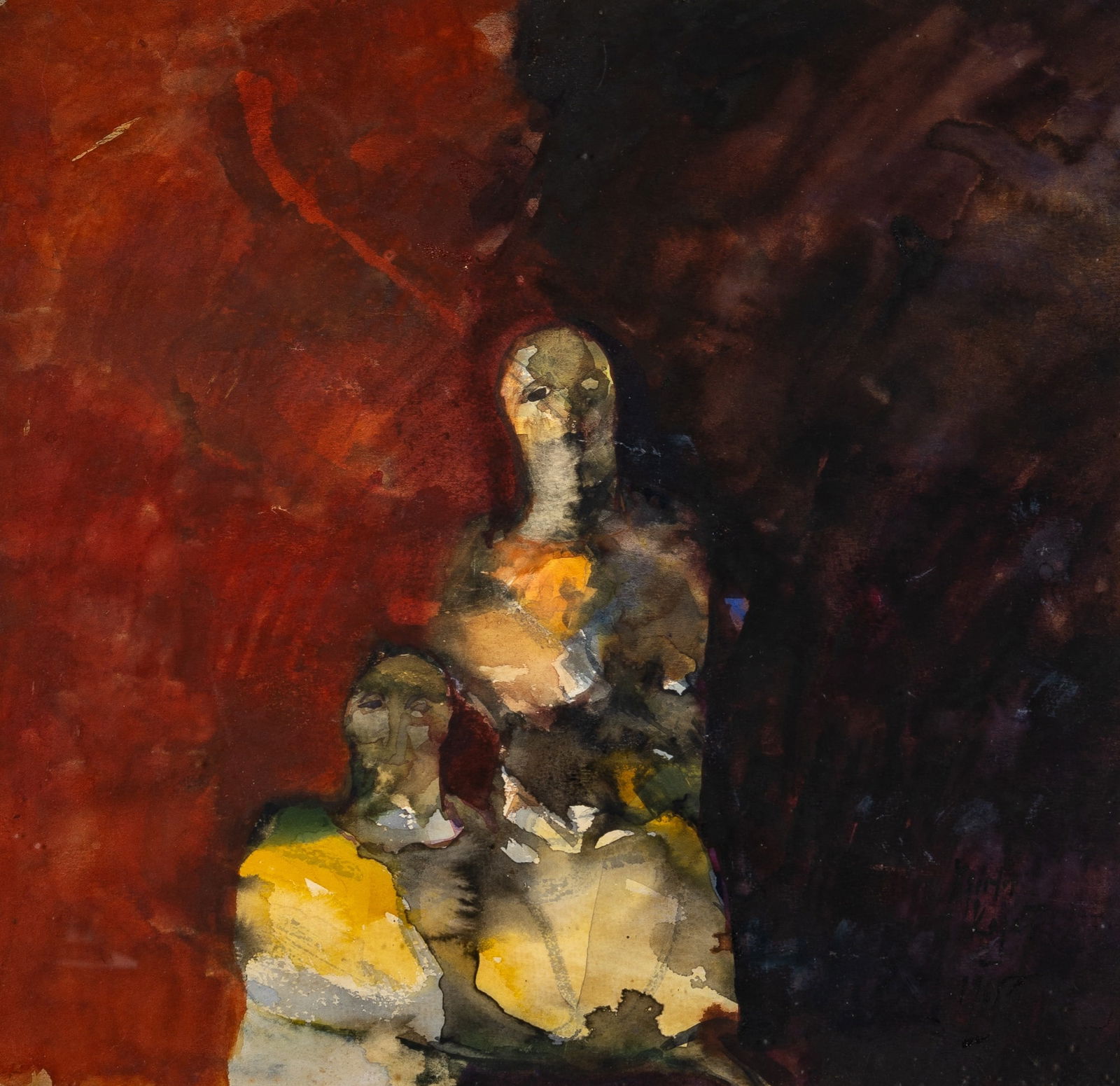 20th Century School: Two Figures, 1965 Signed indistinctly and dated 1965 (lr) Watercolor on paper Sight 17 x 17 5/8 inches (43.2 x 44.8 cm) (Framed 28 x 25 1/4 inches)