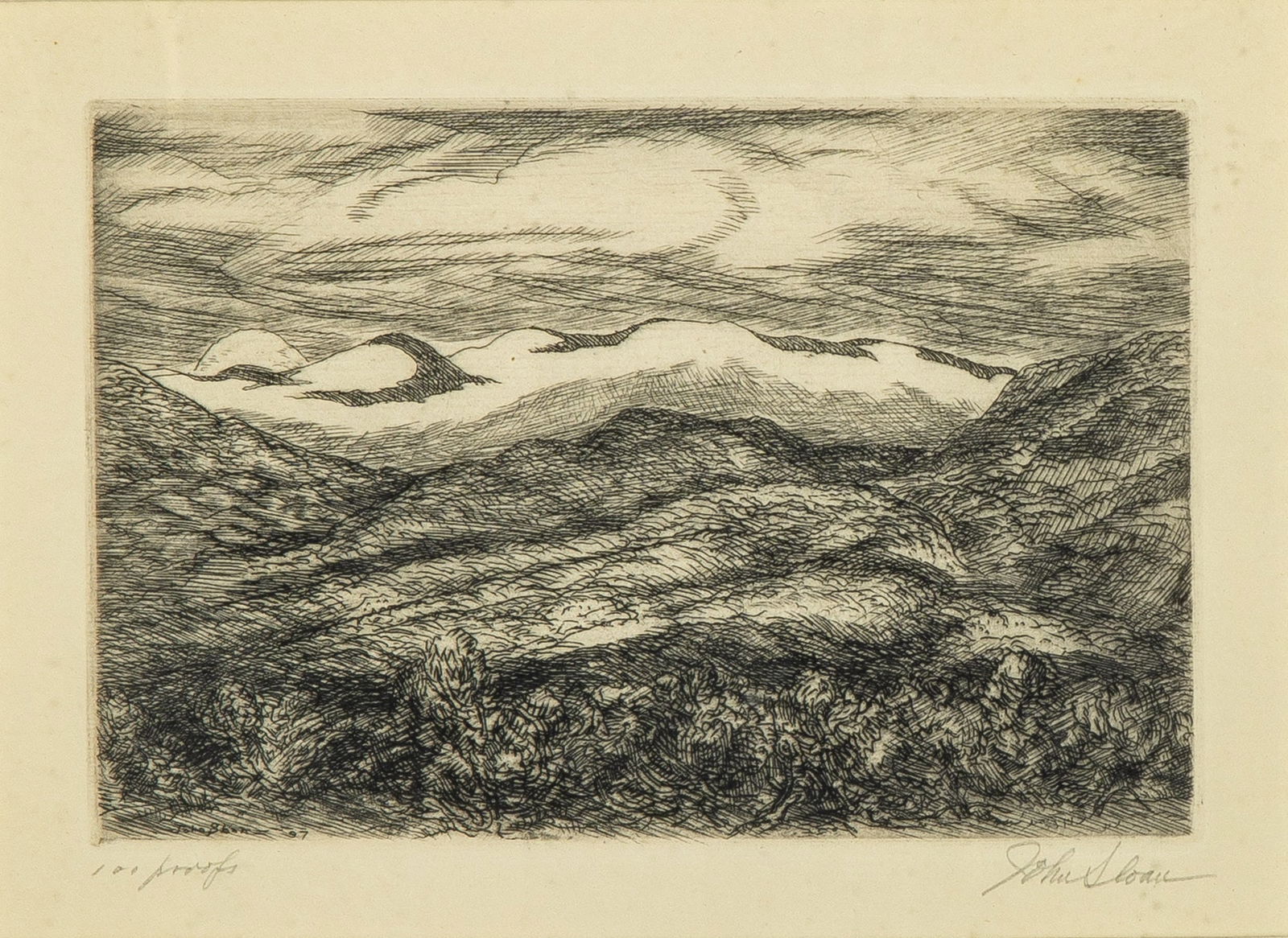 John Sloan (1871-1951): SNOW ON THE RANGE (MORSE 300)Etching, 1937, on laid paper, signed, titled and inscribed 100 proofs in pencil, third state of three, printed by Charles White, with good margins, framed.Plate 4 x 5 7/8