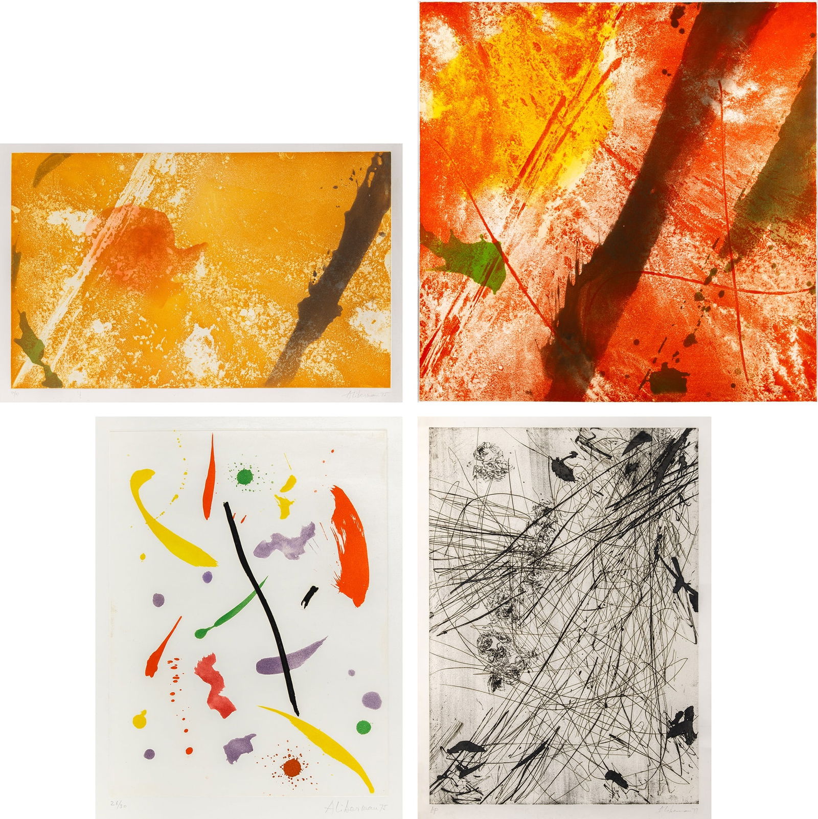 Alexander Liberman (1912-1999): ROME II; ROME III; ROME V; ISCHIAFour aquatints (three printed in color) (two with drypoint and one with etching), 1975 and 1978, on wove paper, signed, dated, numbered 59/67, 22/59 and 26/30, respect