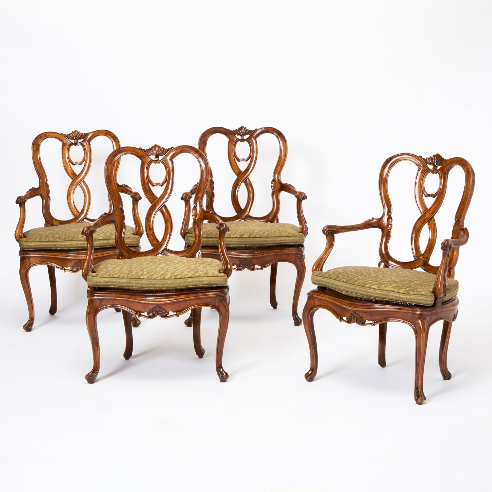 Set of Four Italian Rococo Style Upholstered Walnut Open Armchairs (1 of 6)