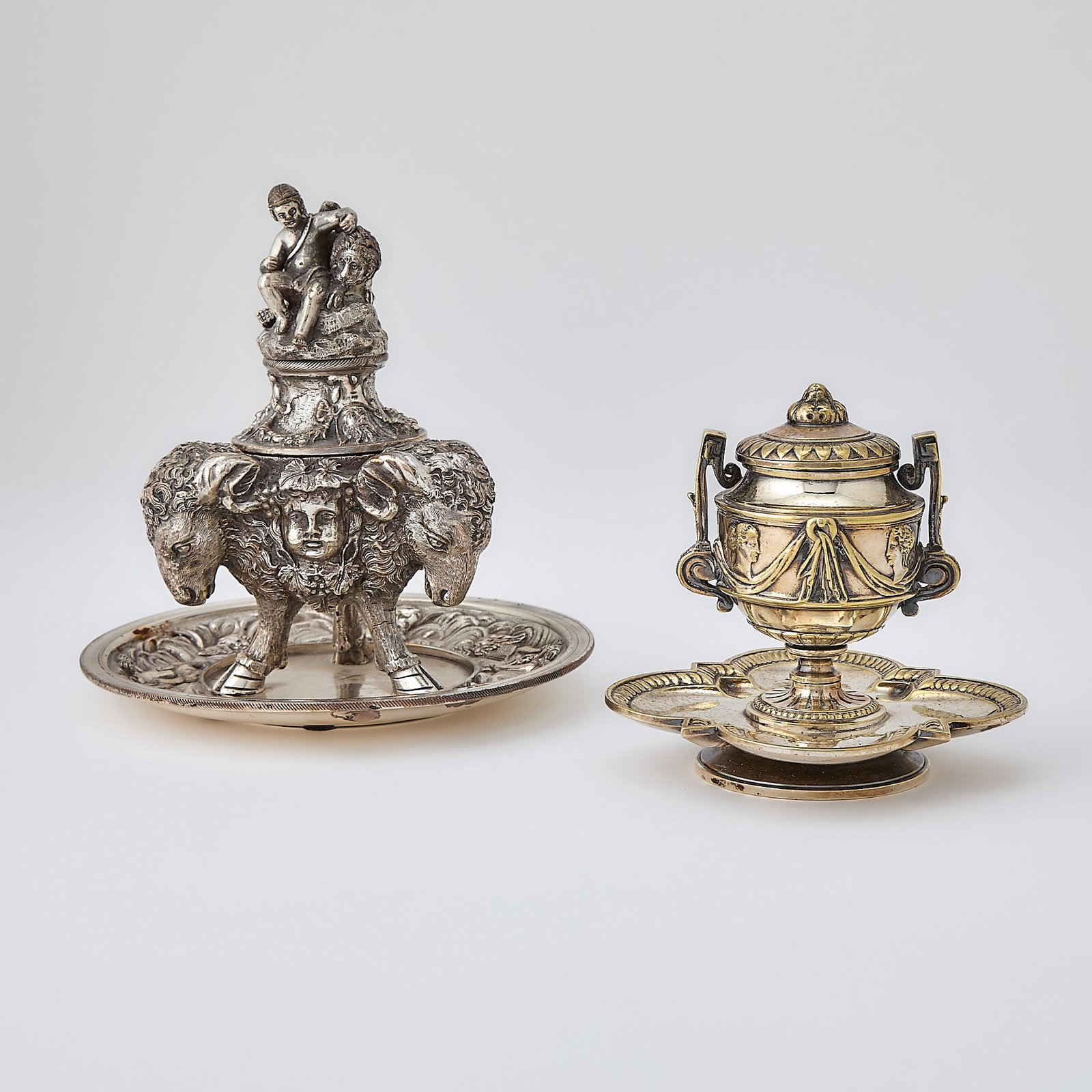 Two Silver Plated Inkwells: Height of larger 6 inches.