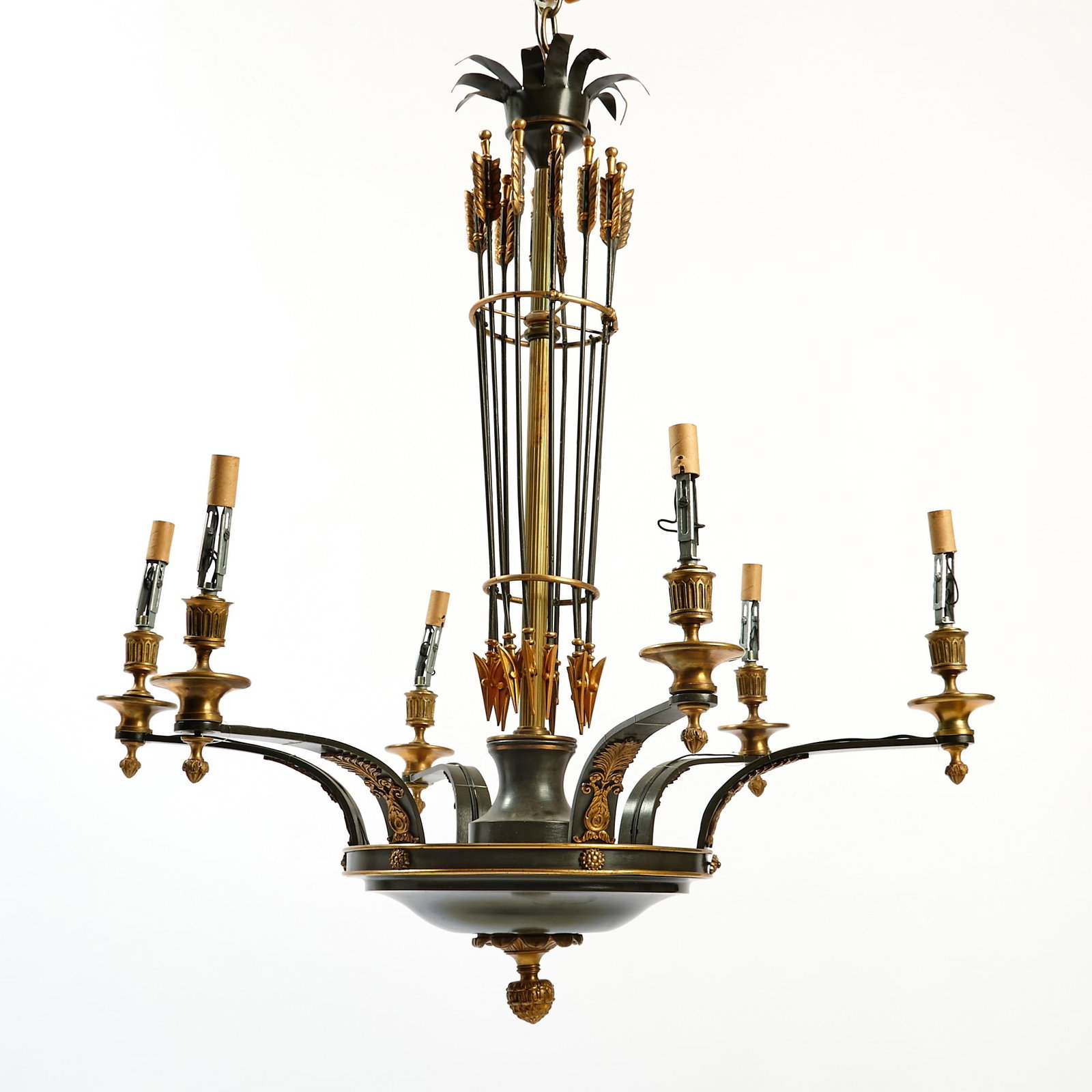 Empire Style Painted Tole Six-Light Chandelier: Late 19th/early 20th century Height 29 inches, diameter 30 inches.