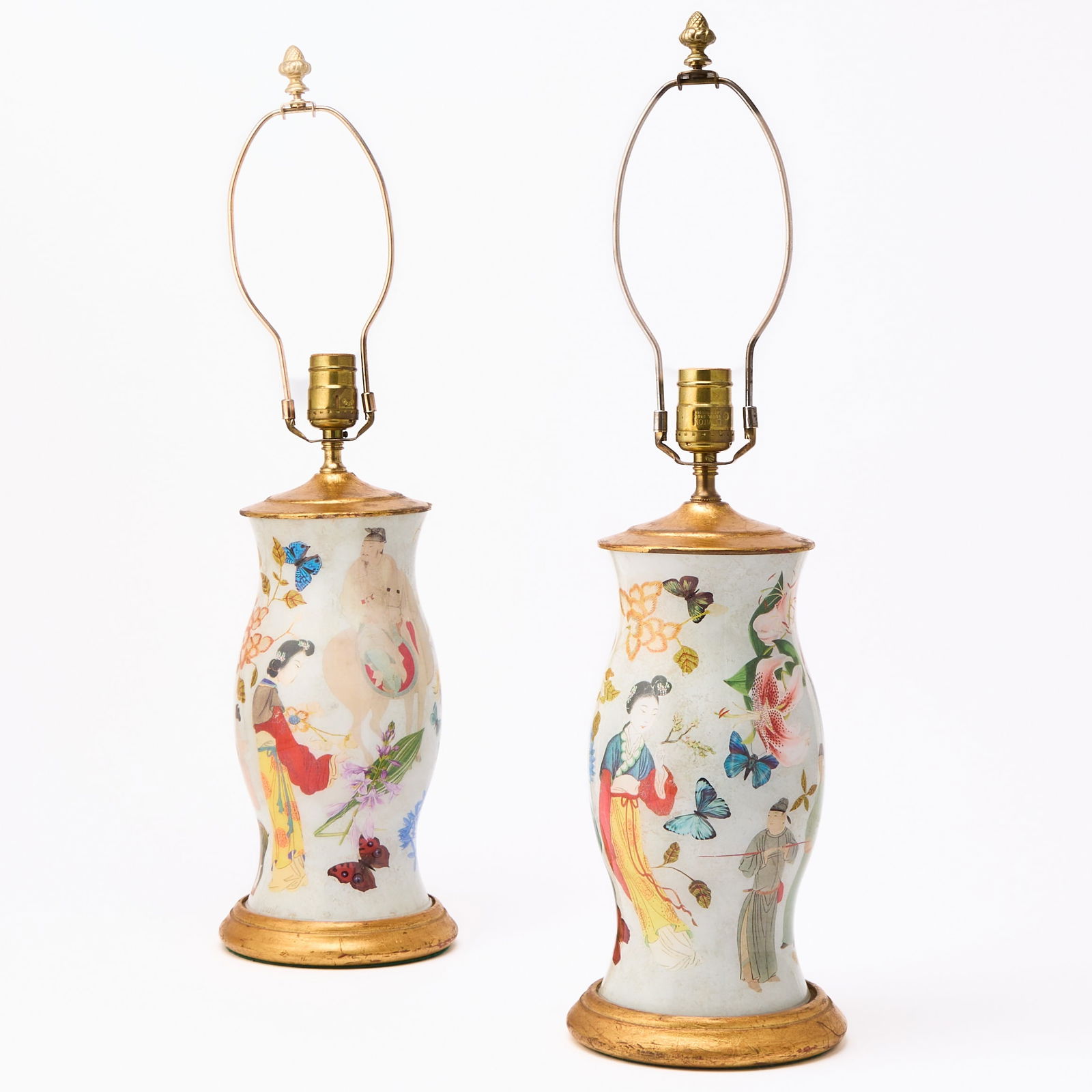 Pair of Decalcomania Glass Lamps: Height 11 1/2 inches, height overall 26 inches. Provenance: Stair Auctions, New York each lamp has had the wire cut