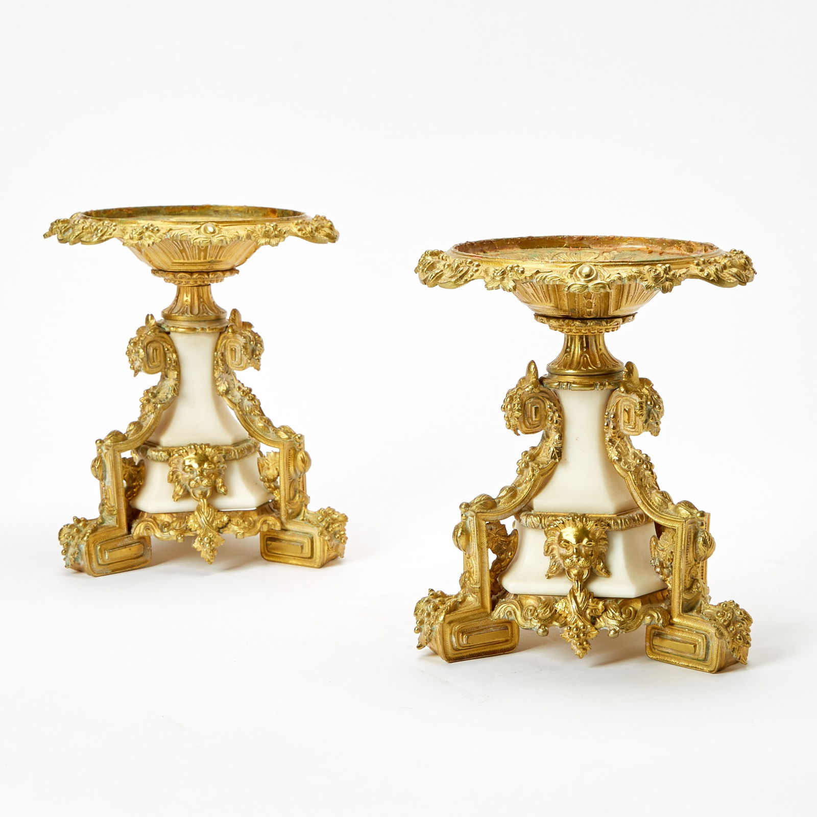 Pair of Louis XVI Style Gilt-Bronze and White Marble Tazzae: Late 19th century Height 8 1/2 inches.