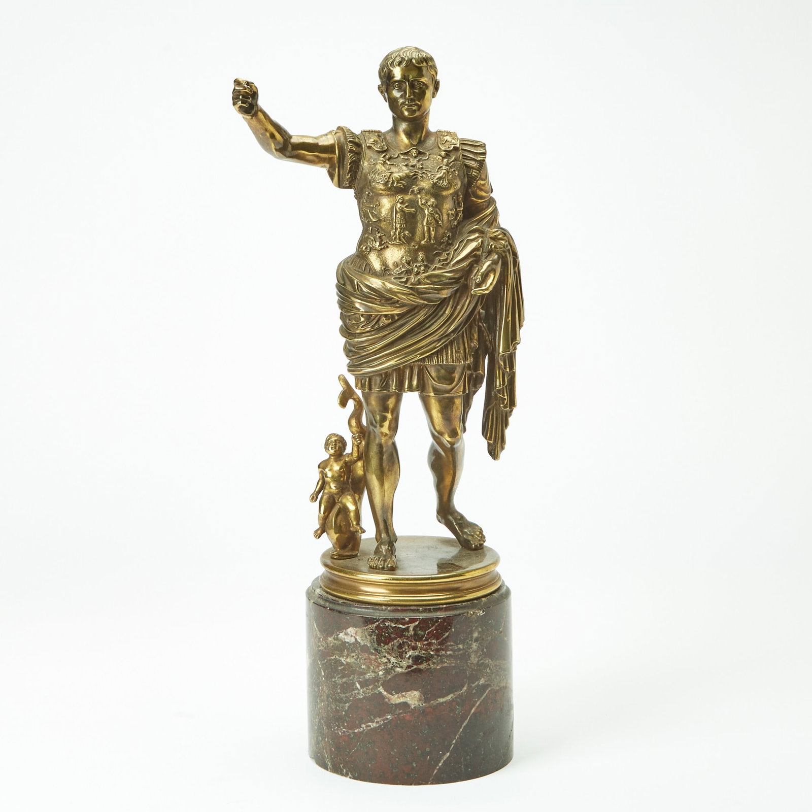 Bronze Figure of Augustus Caesar: Raised on a circular marble column. Height overall 18 1/2 inches. small figure loose on base