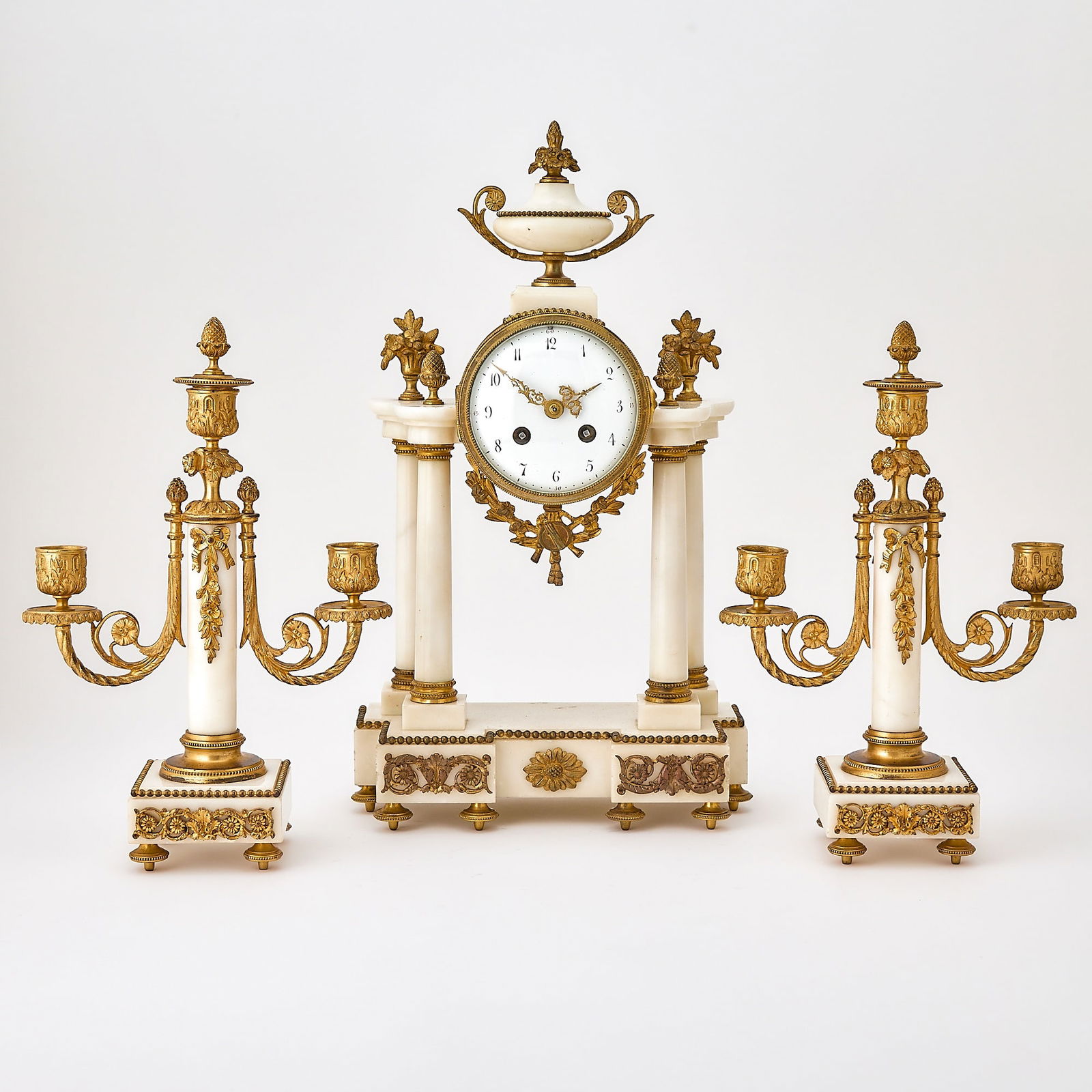 Louis XVI Style Gilt-Metal and Mable Three-Piece Clock Garniture (1 of 10)