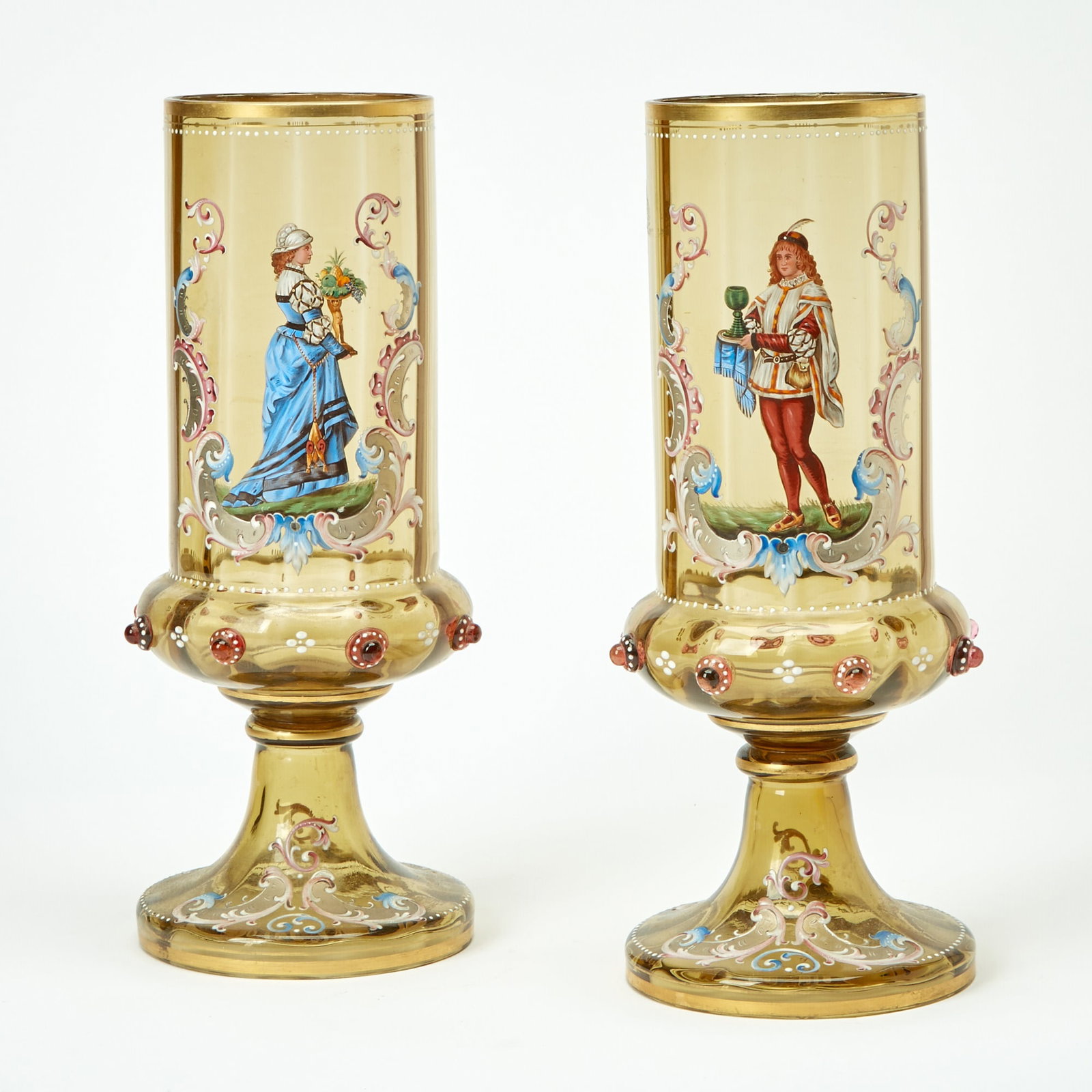 Pair of Continental Enameled Glass and Gilt-Metal Vases: Circa 1900 Height 12 inches.