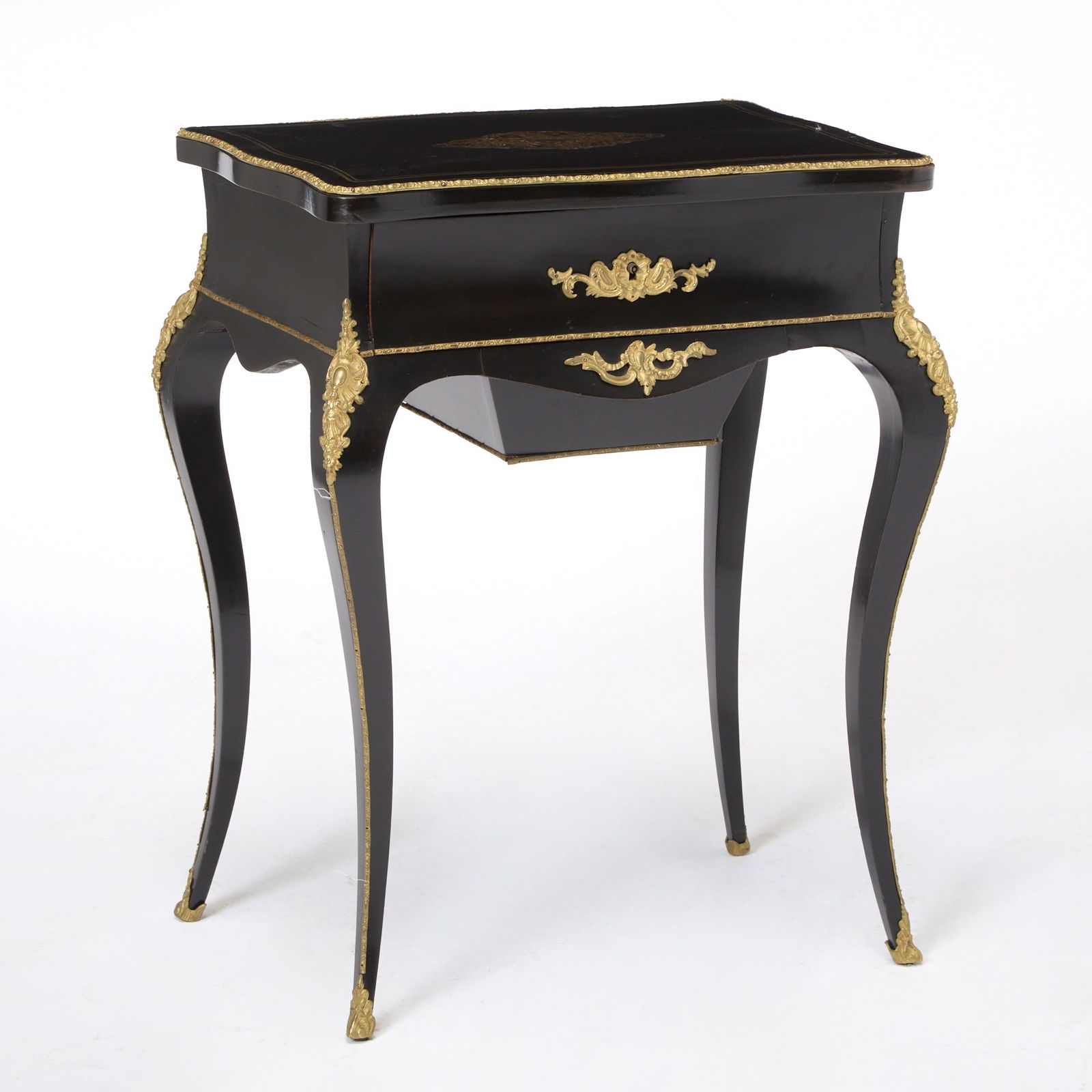 Louis Phillippe Bronze Ebonized Dressing Table: Late 19th century Gilt paint decorated black lacquer, lift top with a dressing mirror, the frieze with a pullout drawer. Height 29 inches, width 23 inches, depth 16 inches. restored