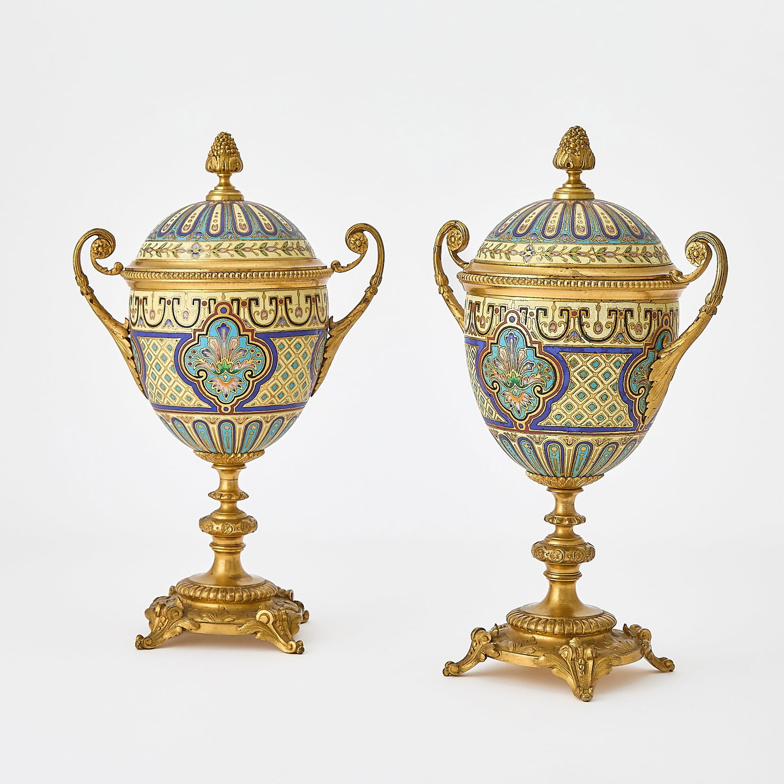 Pair of French Gilt-Bronze Mounted Champlevé Enamel Covered Vases: Height 11 inches.