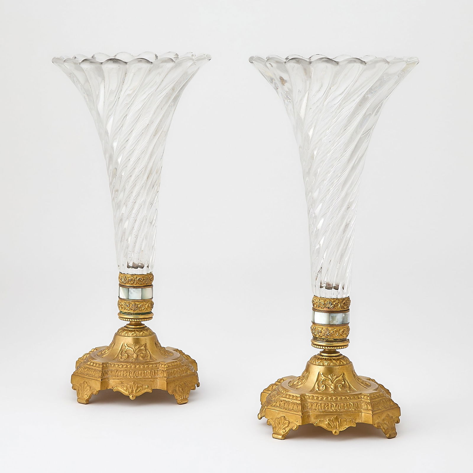 Pair of French Bronze Mounted Trumpet Shaped Glass Vases: Height 12 1/2 inches, diameter 12 1/4 inches.