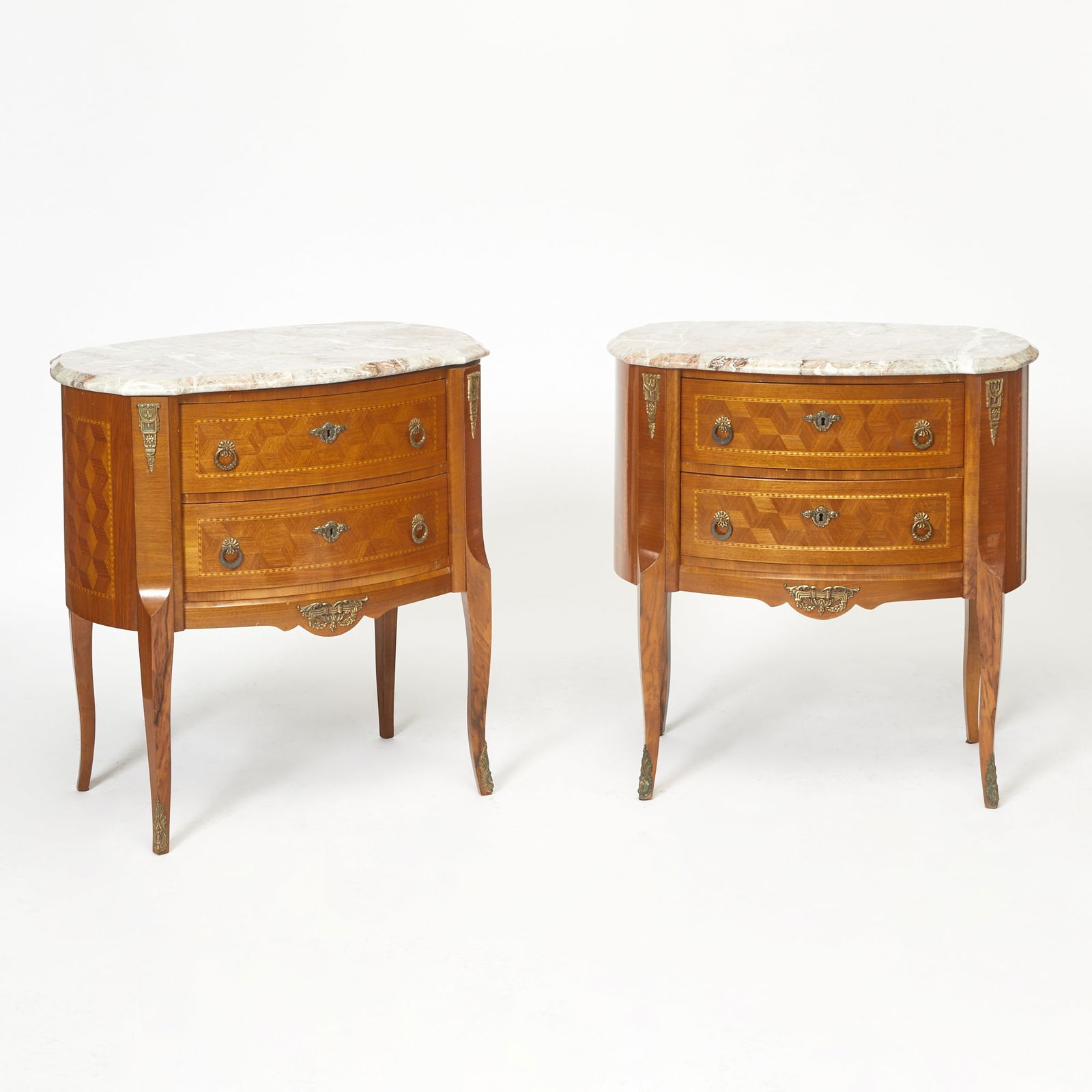 Pair of Louis XV/XVI Transitional Style Marble Top Rosewood Commodes: Mid 20th centuryHeight 31 inches, width 31 inches, depth 20 inches