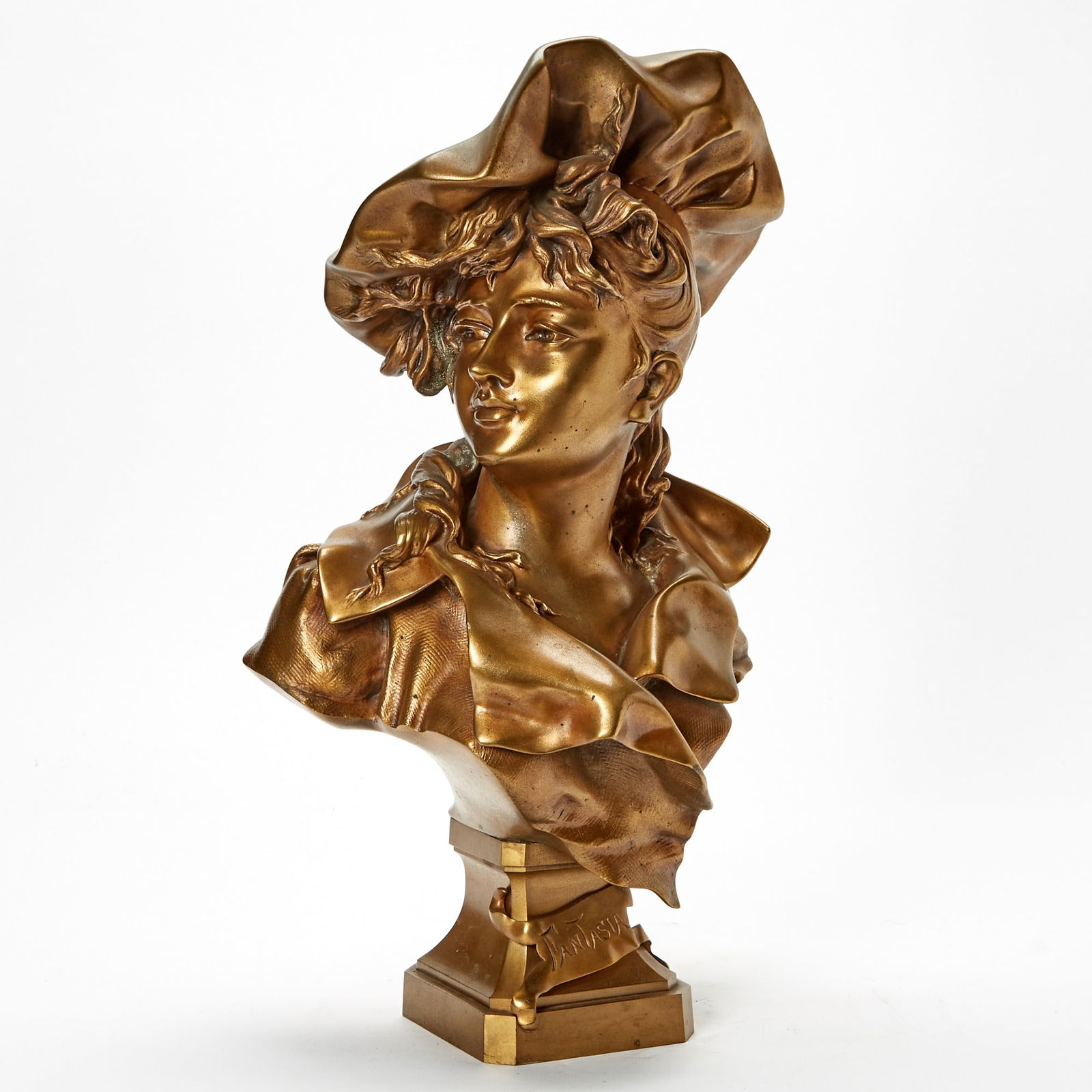 Austrian Patinated Bronze Bust of Fantasia: Cast after a model by Anton Nelson (1849-1910) Height 19 inches, width 11 inches.