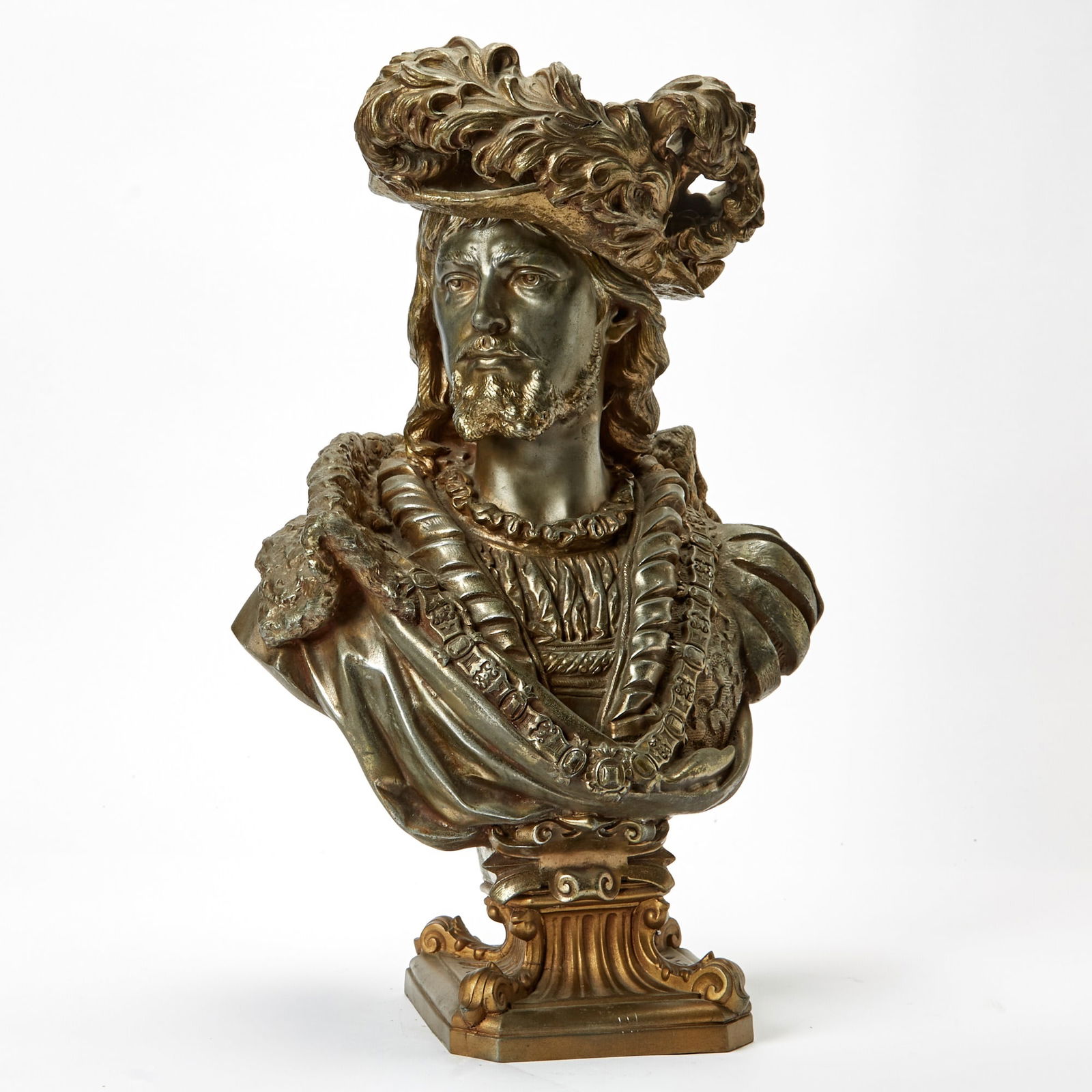 Bronze Bust of Peter Paul Rubens: Height 24 inches, width 14 inches. loss to feathered hat; bust slightly loose on socle