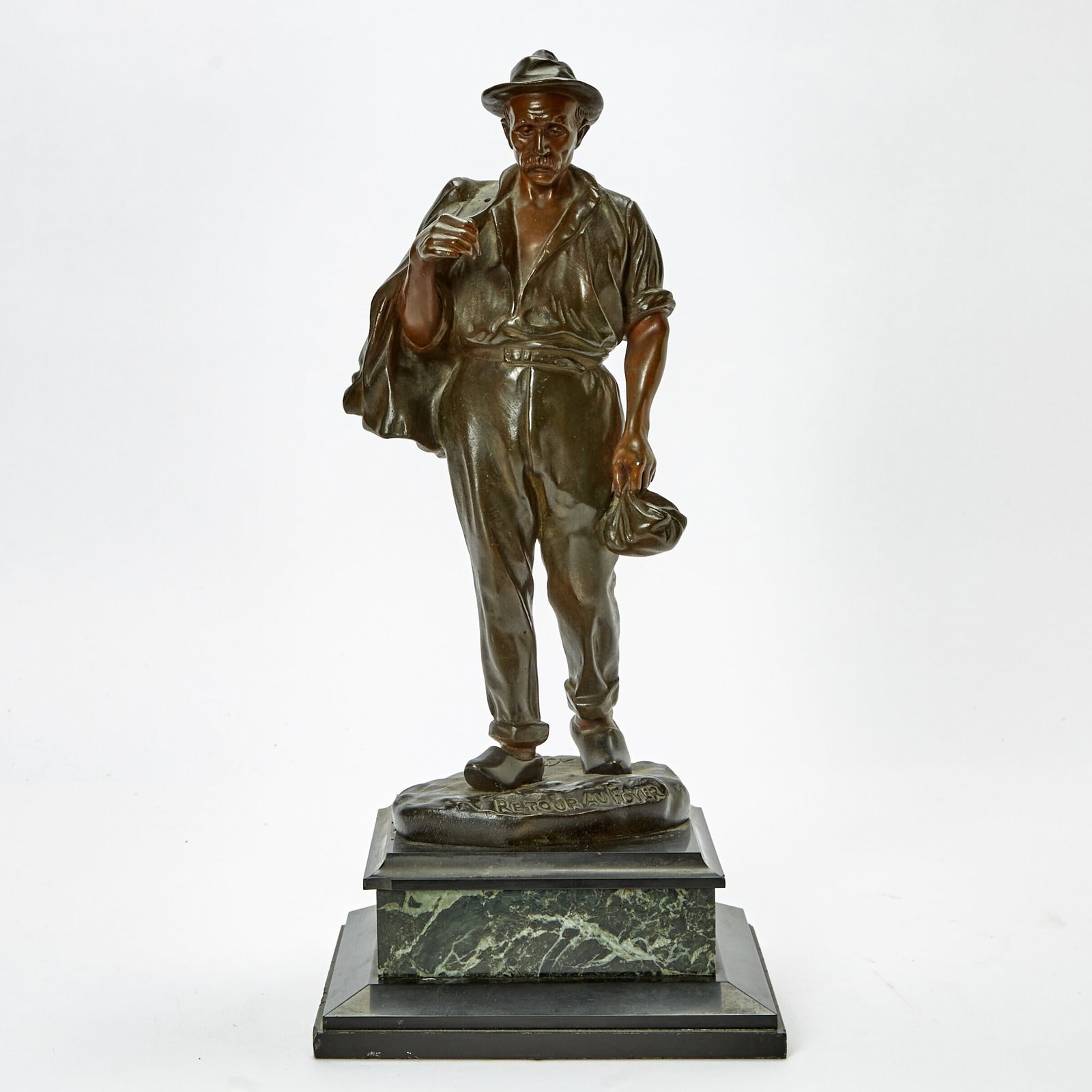Patinated Bronze Figure: Retour a Foyer: Cast after a model by J.M. Picciole, early 20th century Height 17 inches. lacking a piece out of the retour's hand