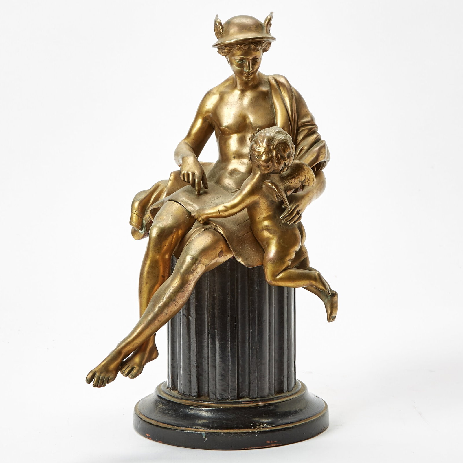 French Gilt-Bronze Group of Mercury and Cupid: Circa 1900On a painted wood base. Height overall 15 inches.