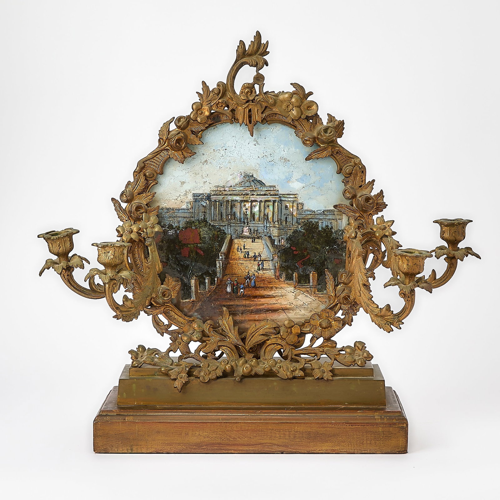 French Gilt-Bronze, Eglomise and Mother-of-Pearl Candelabra: Third quarter 19th century Height 19 inches, width 18 1/2 inches.