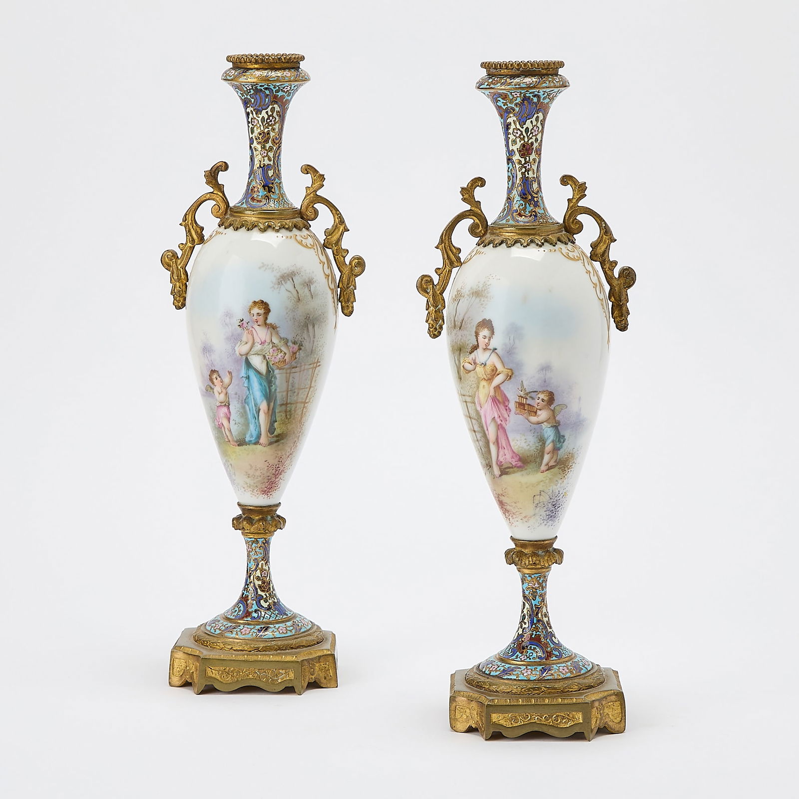 Pair of Sèvres Style Gilt Bronze Mounted Champlevé Porcelain Vases: Lacking covers.Height 13 inches. rubbing to bronzes