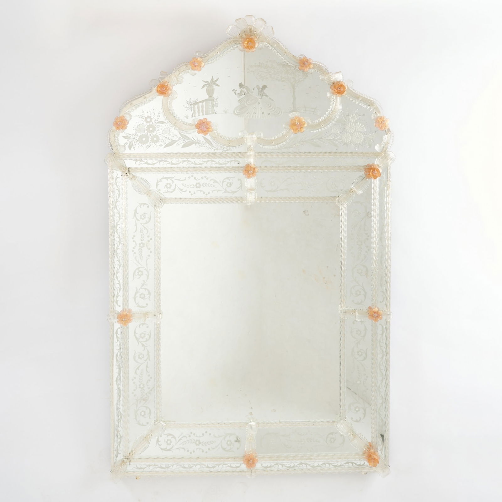 Murano Glass Mirror: Height 61 1/2 inches, width 38 1/2 inches. damage to upper right