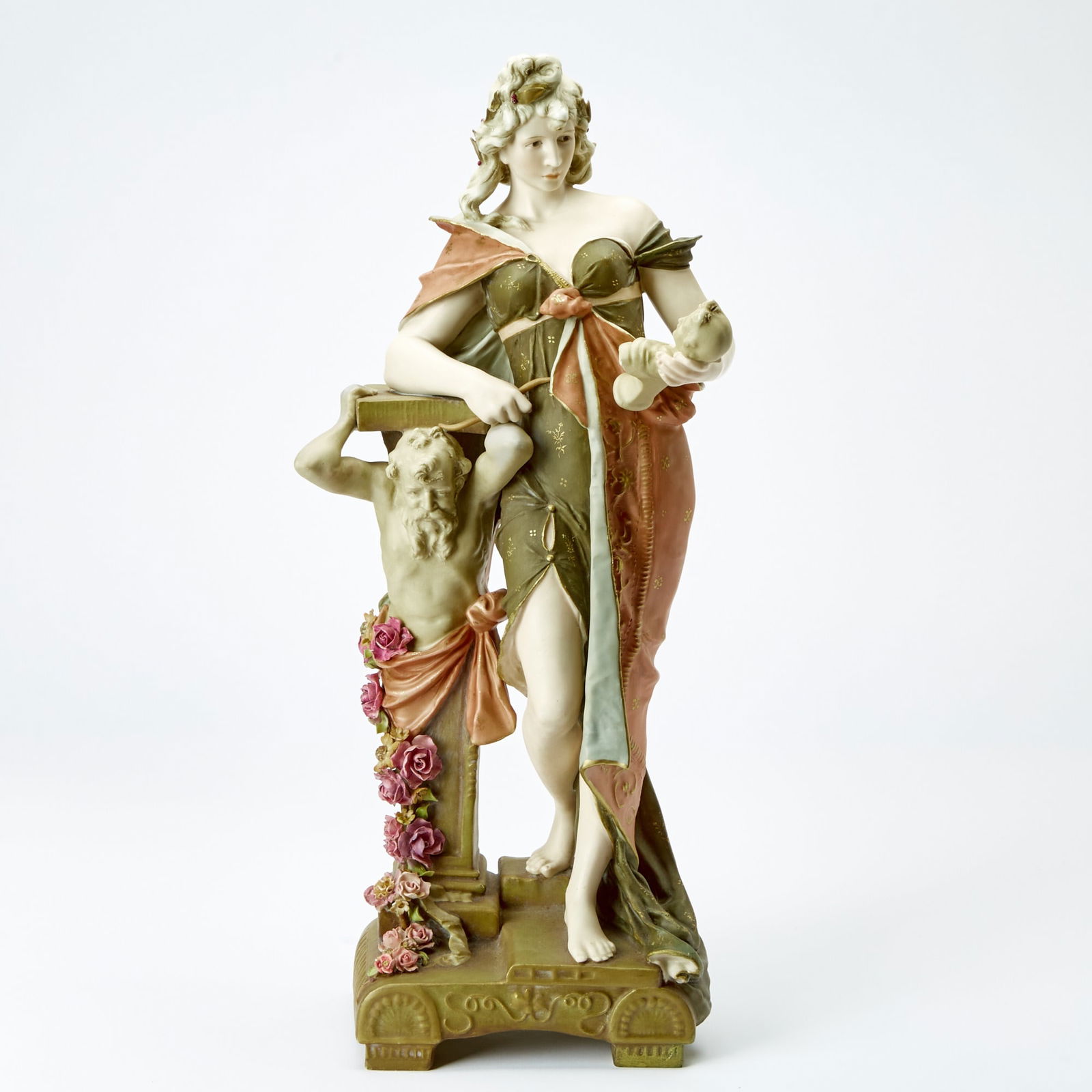 Austrian Porcelain Figure of a Woman: Height 21 inches, width 9 inches. possible repair to corner of green drapery, otherwisse generally good condition; not black lit 