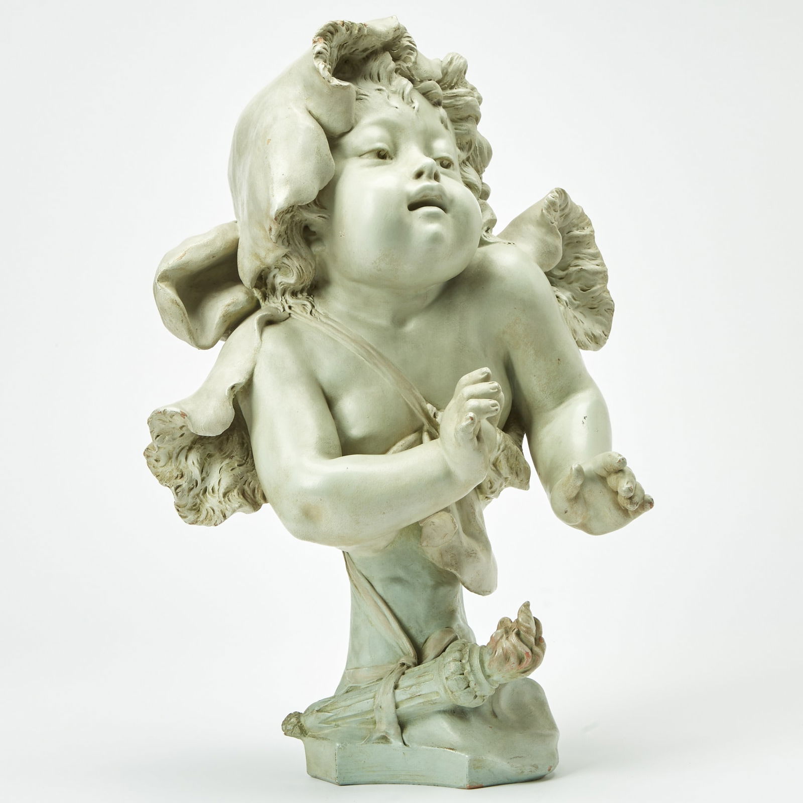 French Gray-Painted Terracotta Bust of Cupid: Signed indistinctly on reverse- A. Fa....Height 18 inches, width 13 inches. minor chips and paint losses